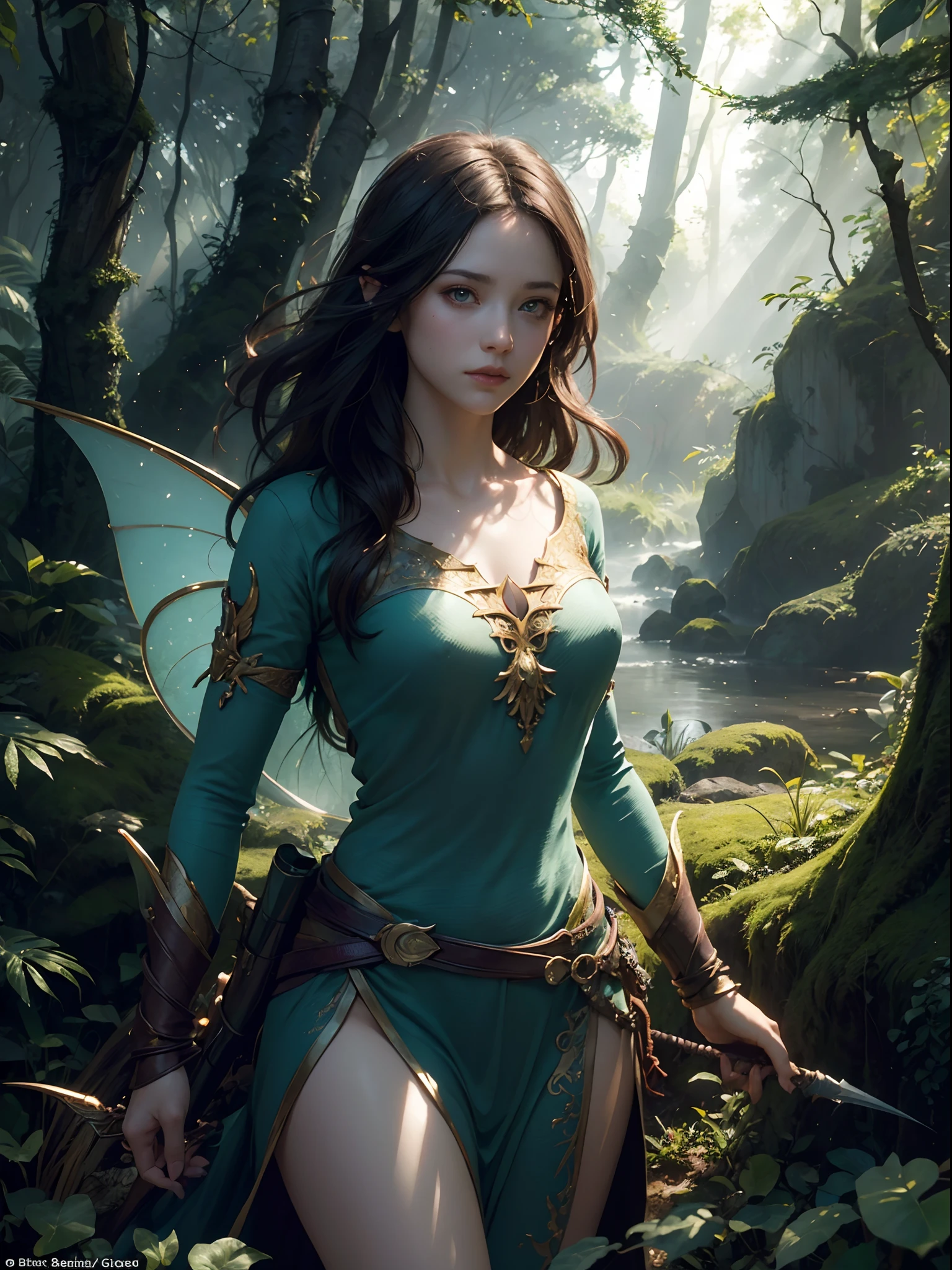 photorealistic, (fantasy:1.4), (by Greg Rutkowski: 1.2), (masterpiece), ((best quality)), extremely delicate and beautiful, illustration, dynamic lighting, dynamic pose upper body, (eyes, bright:1.3), ((beautiful pixie in thick forest floating between trees)), From Brian Froud and Carne Griffiths and Wadim Kashin and John William Waterhouse, 8K post-production, high resolution, ((highly detailed)), depth of field, HDR, intricate,