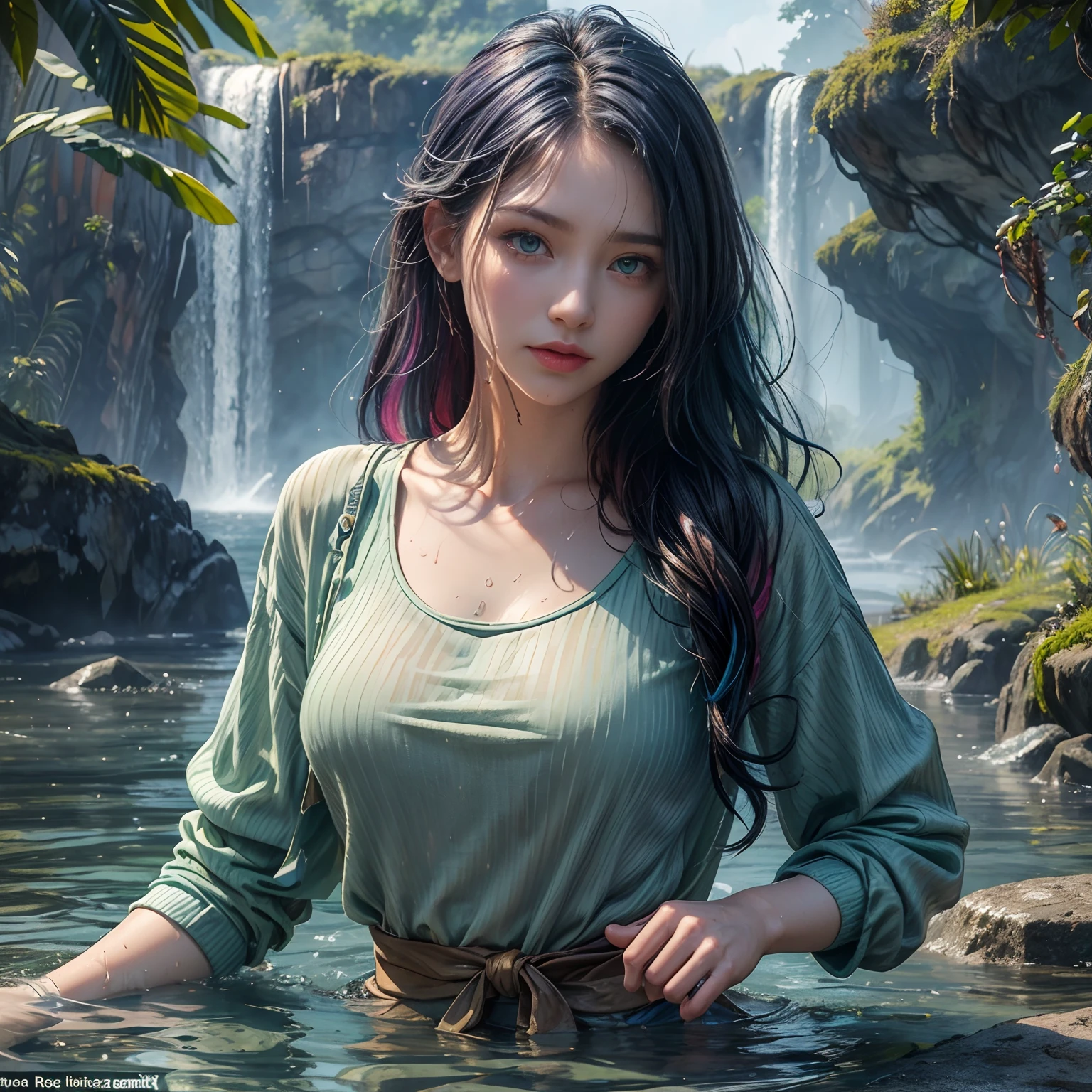 masterpiece, best quality, casual outfit, colorful hair, outdoor,upper body, colorful summer clothes, ((fully clothed)), warm clothes, wet clothes, soaked, drenched, excited, wet hair, wet and slimy, water up to her chest, submerged, translucent, fantasy environment, fantastical, vivid colors, varied poses, detailed green eyes,