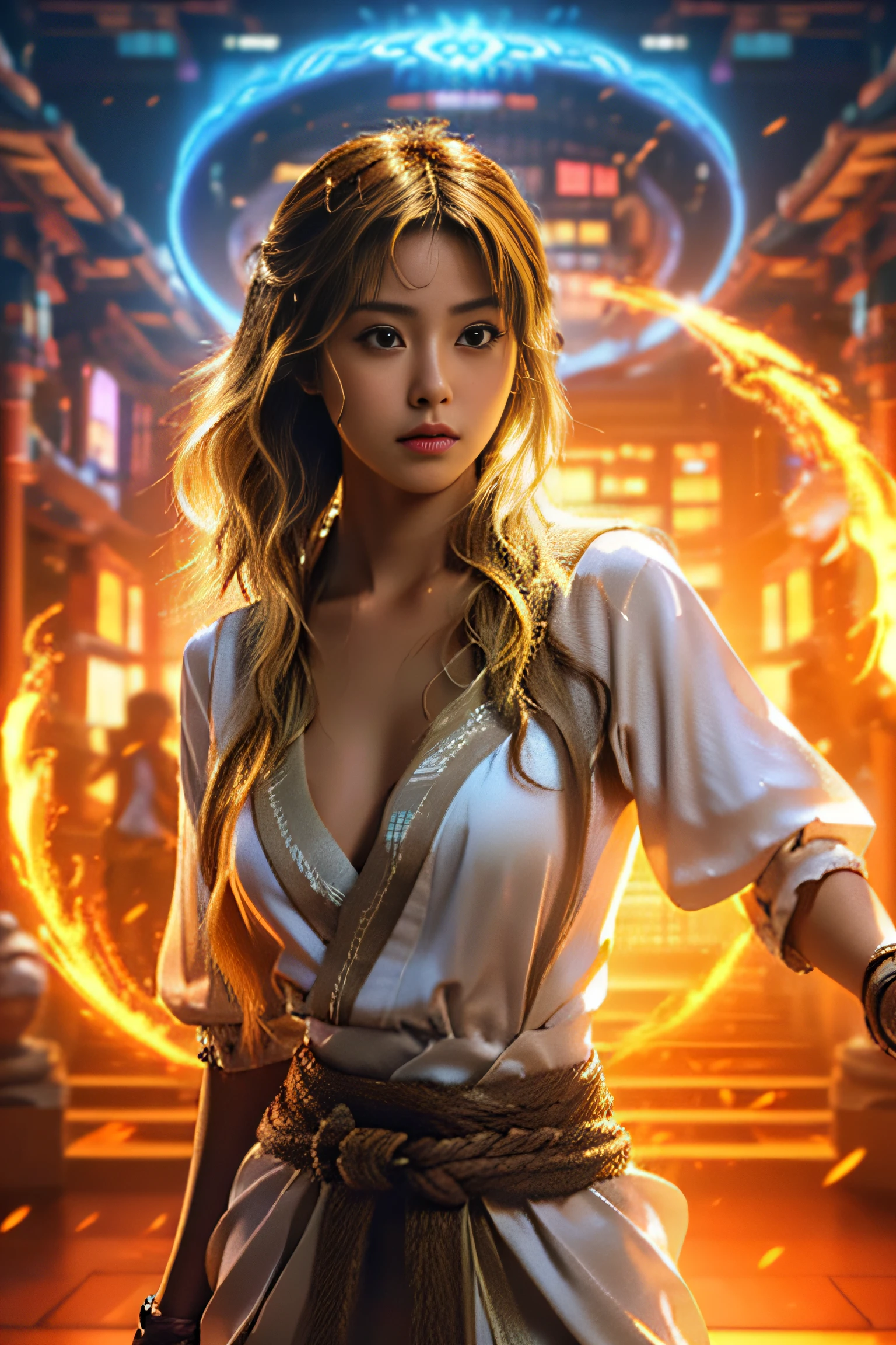 (masterpiece:1.2), ultra detailed, ultra high res, (realistic, photo realistic:1.37), high detail RAW color photo, professional photograph, an extremely delicate and beautiful, extremely detailed, finely detail, huge file size, extremely detailed beautiful girl, extremely detailed face, extremely detailed eyes, extremely detailed skin, extremely detailed nose, extremely detailed mouth, perfect anatomy, highly detailed background, shiny skin, (Japanese famous actress:1.2), (gyaru:1.25), flat chest, (brown race, dark skin, blond hair:1.55), (dynamic pose:1.35), weapon,cleavage,(magic circle:1.1),xiuxian,