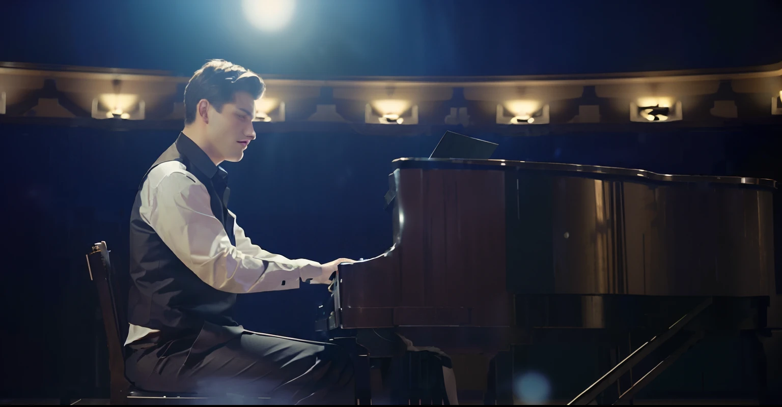 Alafed Man sitting in front of piano in dark room, Attractive man playing the piano, on a dark background, Attractive man playing the piano, still from a music video, piano in the background, still from the film, still frame from a movie, playing piano, movie screenshot, pianist, still from the movie, still from the film, youtube video screenshot