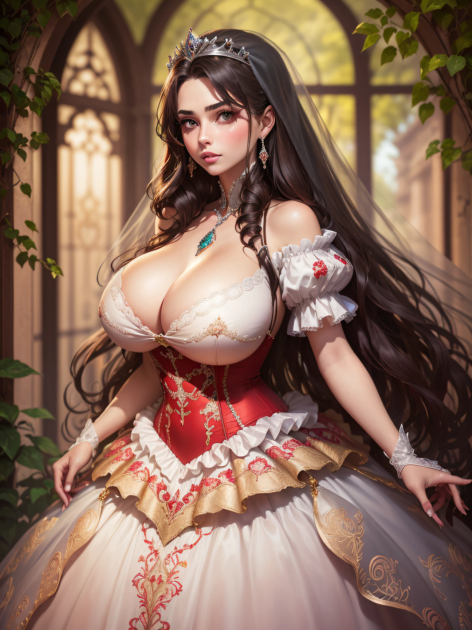 ((anime artstyle)),(Masterpiece),(Best Quality), (Super Detail),((Very Delicate and Beautiful)),cinematic lighting,1 girl,((full body portrait)),((standing in garden)),((solo)),(((1 fairytale princess in gorgeous embroidery and jeweled extremely gorgeous princess ballgown with voluminous full length hoop skirt))),an hourglass waist,padded and corseted bodice,(((huge crinoline hoopskirt))),long train,((gorgeous embroidery and jeweled)),voluminous frills,See-through,(gorgeous embroidery and beautiful lace),(((extremely gigantic tits,skindentation))),cleavage,((large amount of straight hair,extremely voluminous Straight long Hair,Very Long Straight Hair)),(finely detailed face and eyes),clear pupil,extremely gorgeousfull hair ornament,(bling-bling jeweled extremely gorgeousfull tiara),(bling-bling gorgeous gemstone jewelry),gorgeous long veil,((opera gloves)),(beautiful background),(full body),((gorgeous embroidery and jeweled extremely gorgeous princess ballgown with voluminous full length hoop skirt))