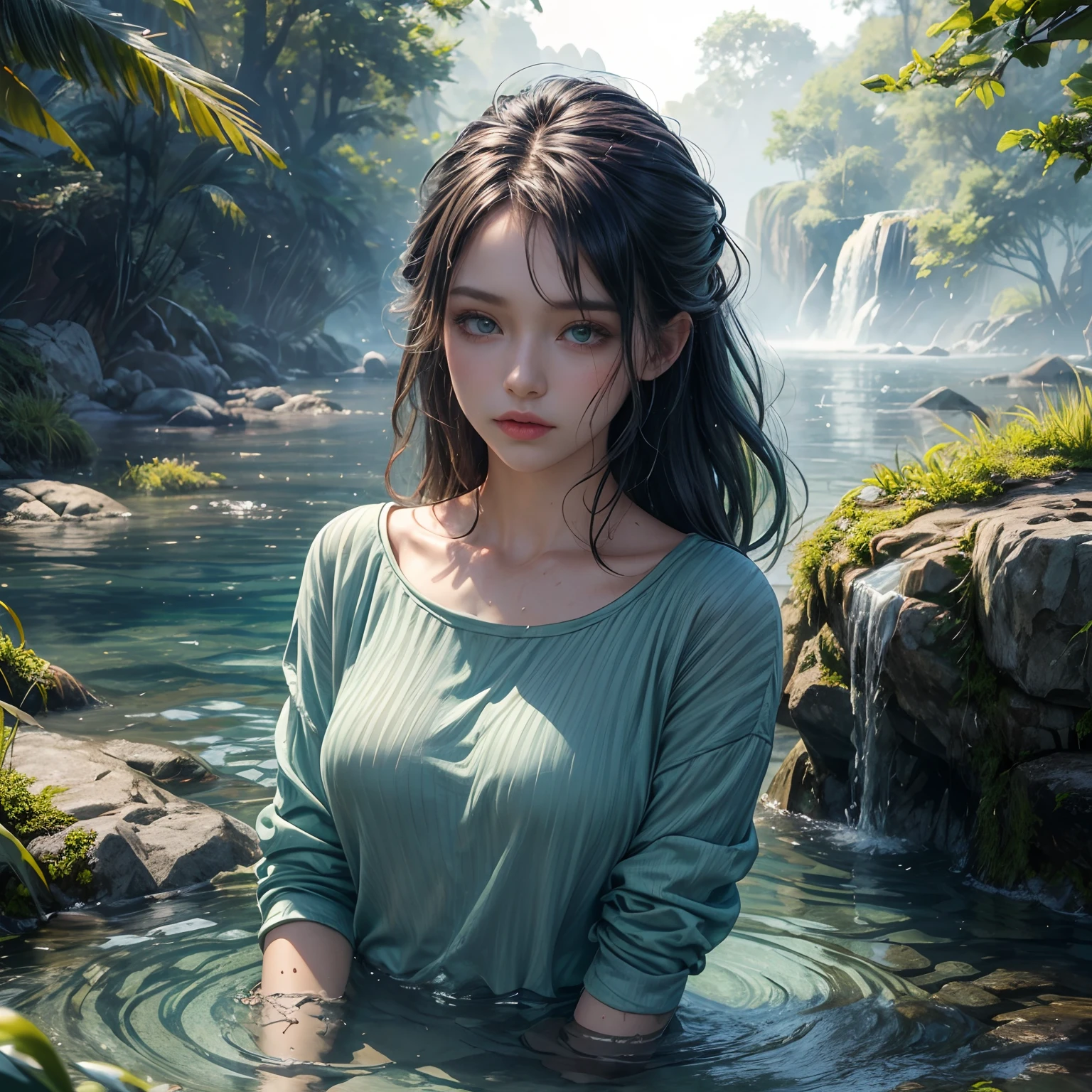 masterpiece, best quality, casual outfit, colorful hair, outdoor,upper body, colorful summer clothes, ((fully clothed)), warm clothes, wet clothes, soaked, drenched, excited, wet hair, wet and slimy, water up to her chest, submerged, translucent, fantasy environment, fantastical, vivid colors, varied poses, detailed green eyes,