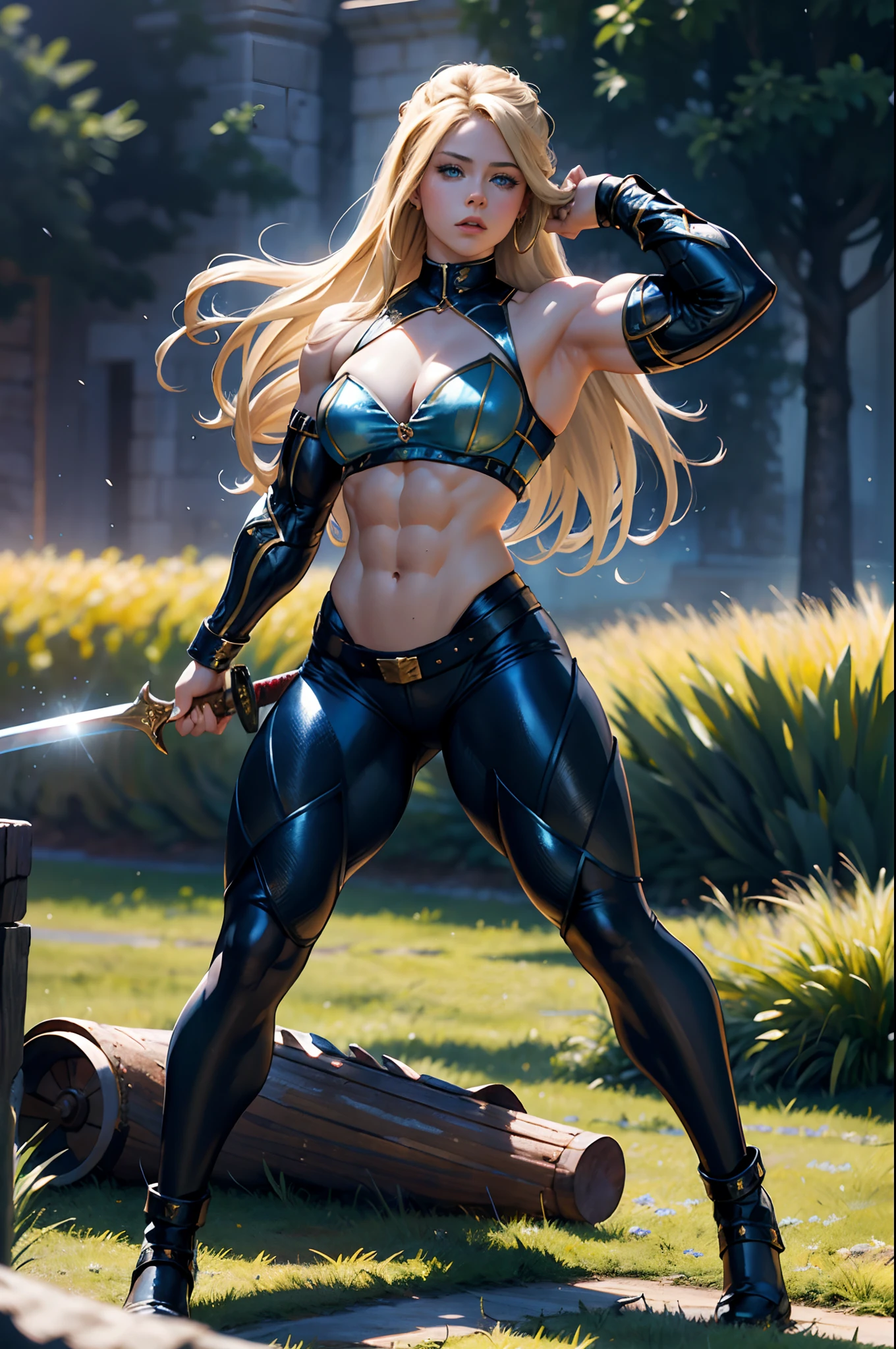 masterpiece, young 21 yr old Avril Lavigne looking like a bodybuilder with rippling muscles wearing gold and blue armor with leggings, hanging in a field at night, her hair is black but shiny and reflective, visible abs, rippling muscles, [very muscular], [very well-endowed], [thick muscular legs, thick muscular arms], 8pack abs, bodybuilder physique, perky glutes, her face is very beautiful with blue flaming eyes and very full lips, Avril Lavigne, holding a big medieval sword, camera focused on her, full body shot from 10 meters away