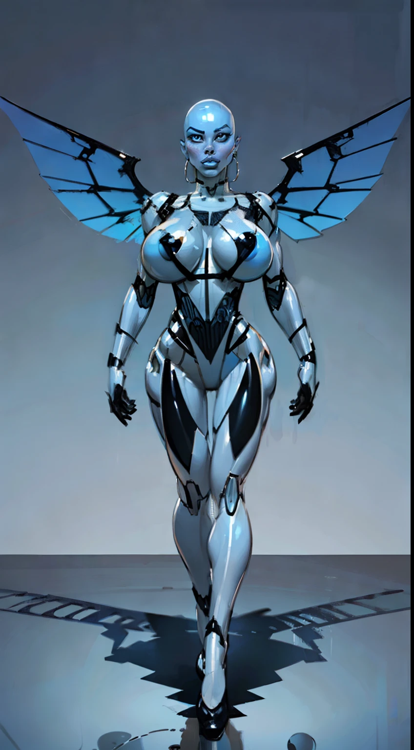 8k ((full body view:1.4)) (large eyes:1.3), defined cheekbones, 1woman, ((the pit style:1.4))((defined jawline:1.2)) ((sleek chrome bodysuit:1.6)) (detailed face:1.5), blue skin,(puffy lips:1.5) (blue skin:1.6), (bald woman:1.7), (skinhead) ((stands confident)),(Muscular:1.3), ((gigantic breasts:1.5)) ((front view:0.6)), )highly detailed, majestic, digital photography, art by artgerm and ruan jia and greg rutkowski, ((metal wings on back:1.4)), (masterpiece, sidelighting, intricate details, black and blue color palette