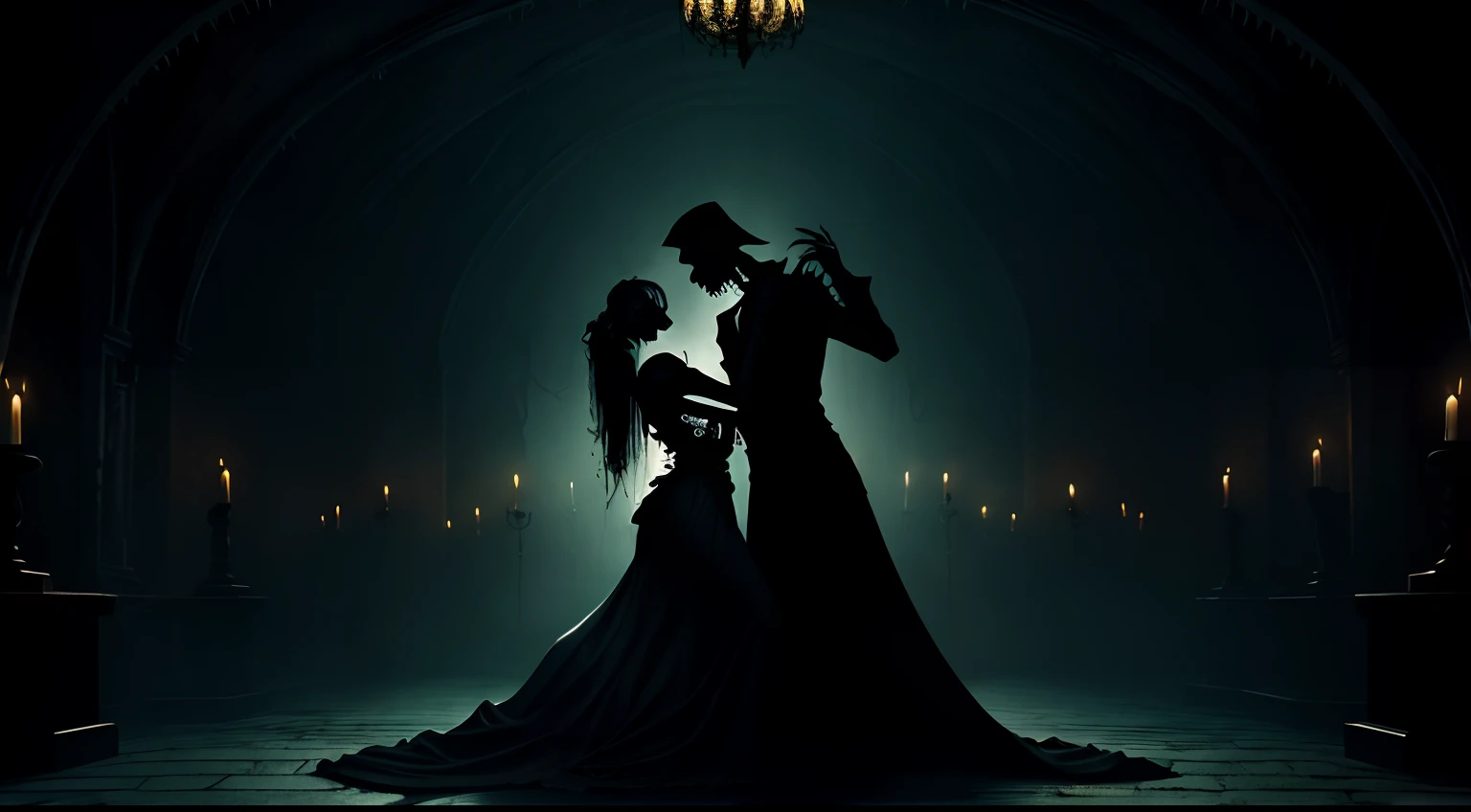 dancing, haunting and macabre atmosphere, with a sense of mystique and darkness. Incorporate elements that symbolize mortality and the passage of time, such as skeletons, hourglasses, gravestones. eerie greens to enhance the spooky ambiance, text The Dance of Death, possibly with an ornate, gothic font, visually captivating and thought-provoking, The Dance of Death --auto