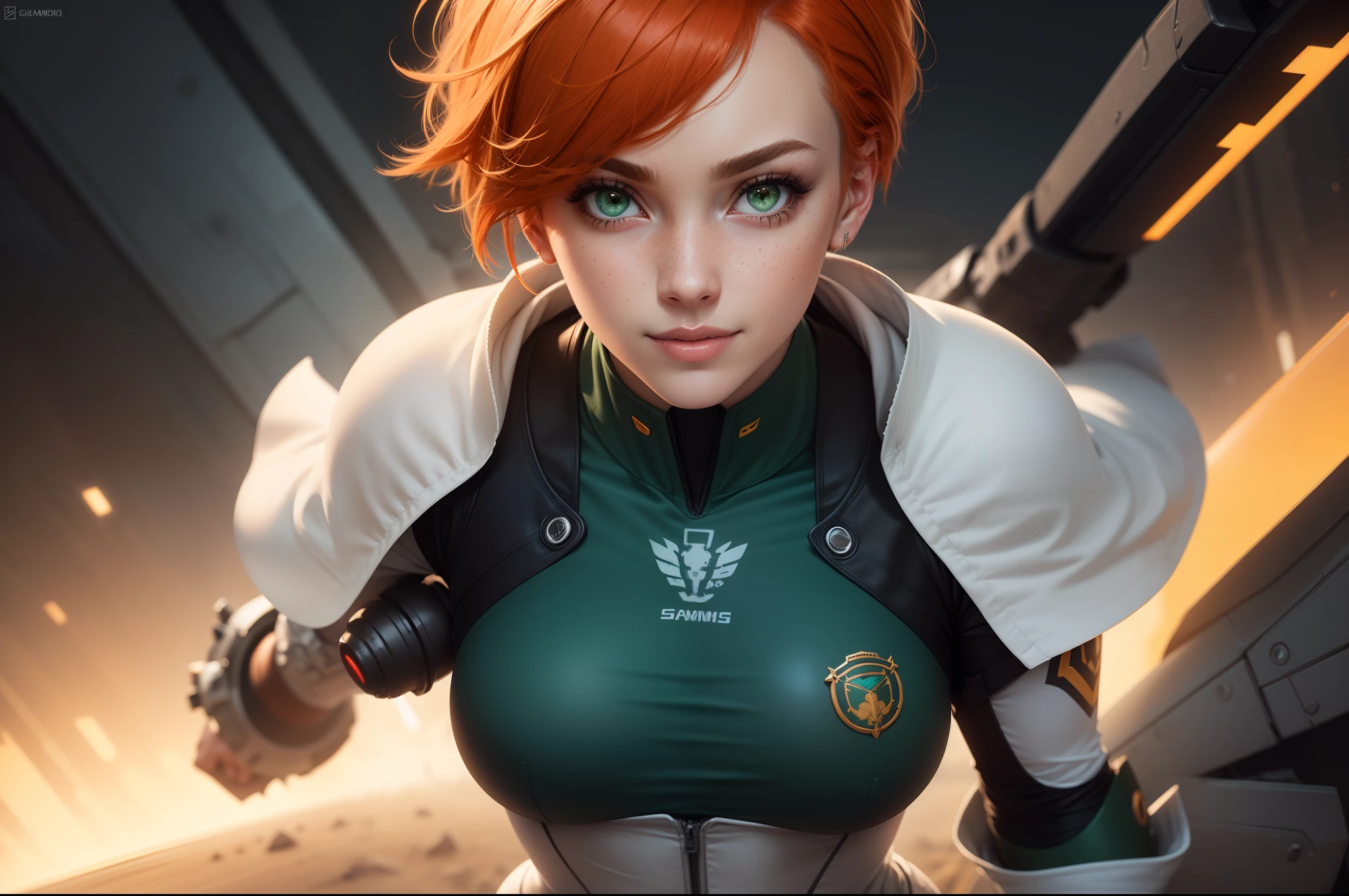 gwen tennyson,tracer,samus,rebecca chambers,overwatch,gundam,1girl,close up,mecha pilot,space port,mecha space suit,space marine,pirate corset, white long sleeve lycra top,white leggings,short hair,war makeup,green eyes,orange hair,purple highlights,shy smile,freckles,redhead,beautiful girl,large breasts,ultra detailed,realistic,fantasy art,