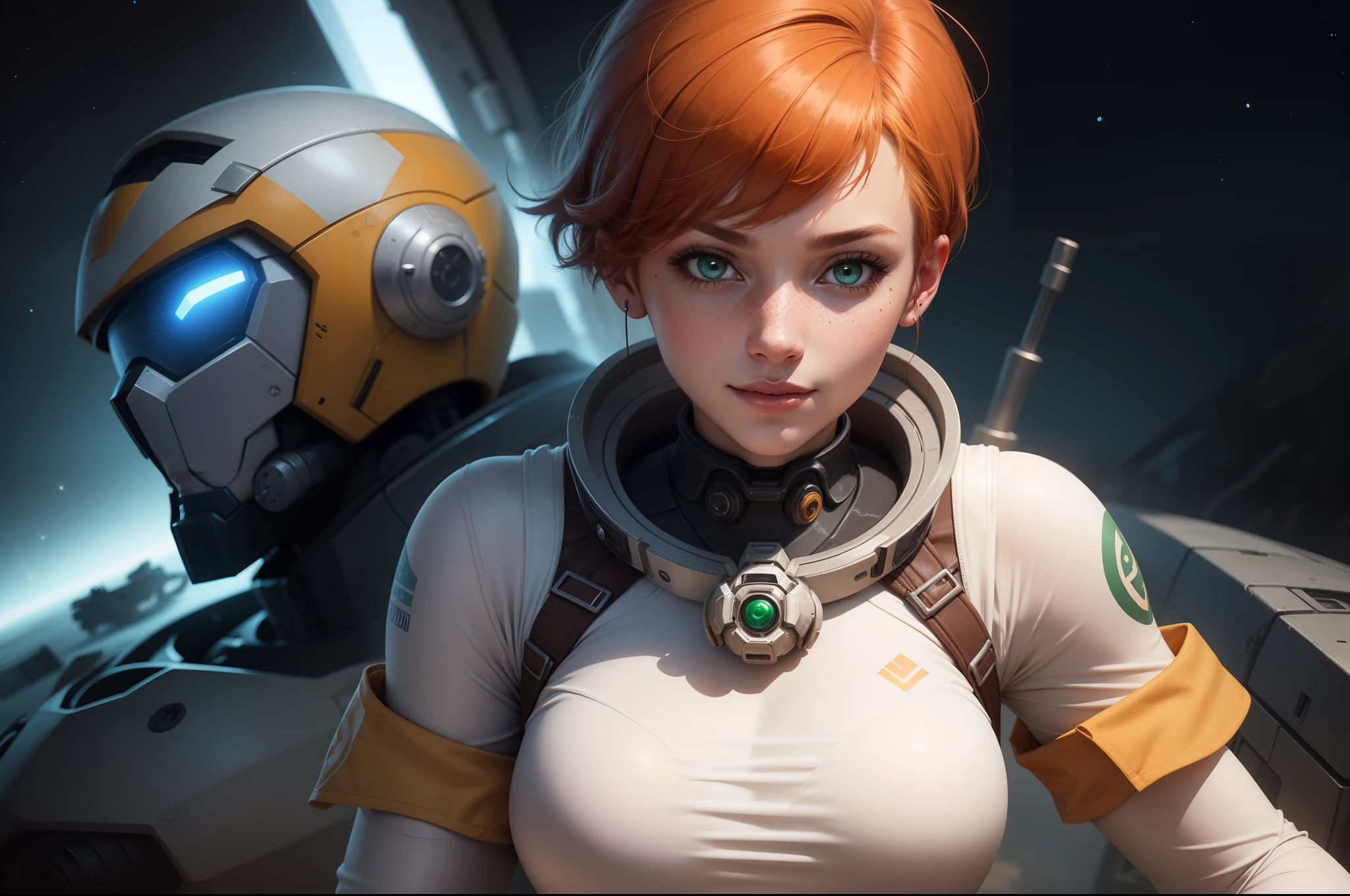 gwen tennyson,tracer,samus,rebecca chambers,overwatch,gundam,1girl,close up,mecha pilot,space port,mecha space suit,space marine,pirate corset, white long sleeve lycra top,white leggings,short hair,war makeup,green eyes,orange hair,purple highlights,shy smile,freckles,redhead,beautiful girl,large breasts,ultra detailed,realistic,fantasy art,