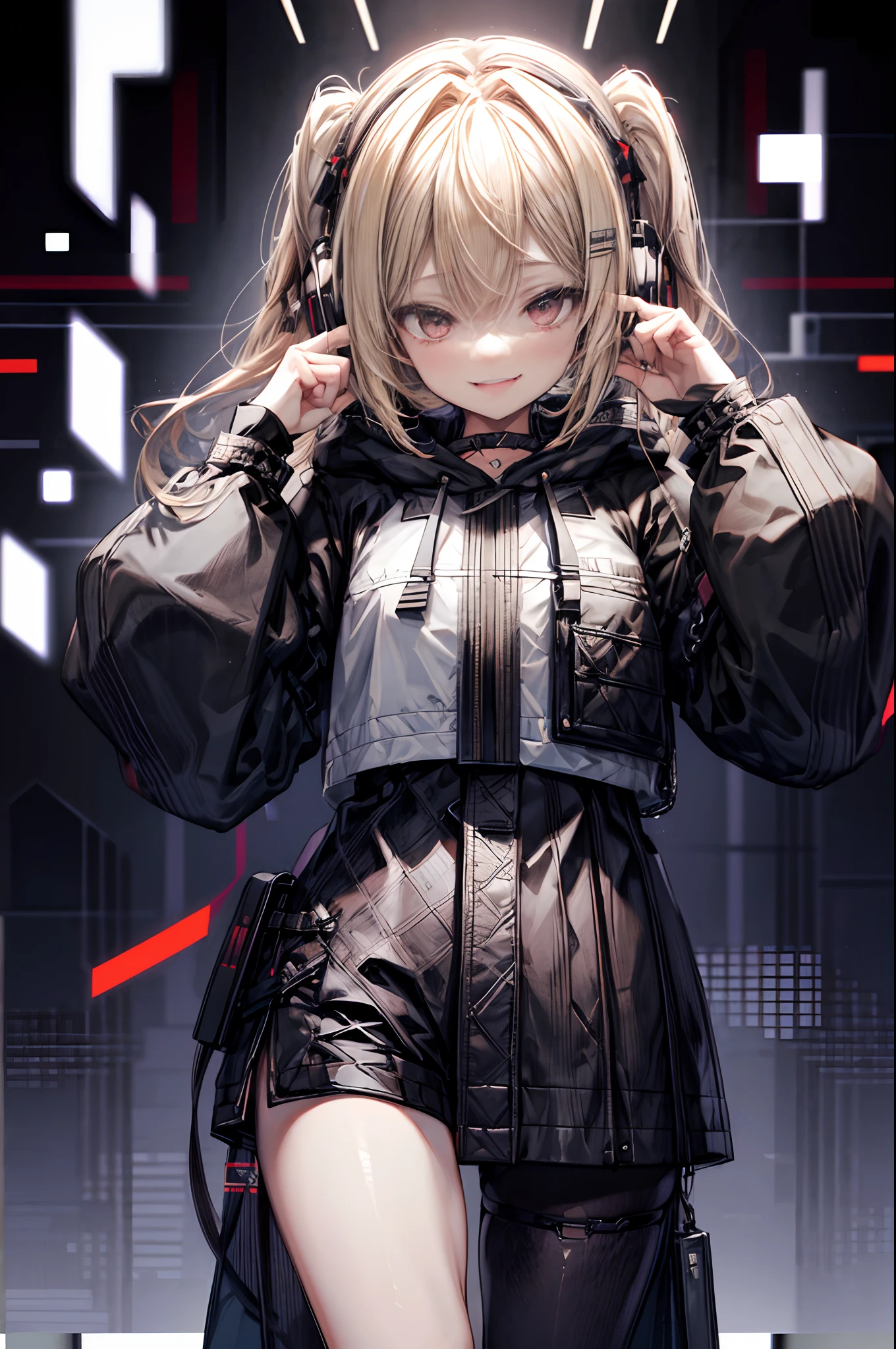 One girl, blonde hair, medium hair, long bangs, one braid on side, headphones, hair between eyes, fangs, smile, black oversized cardigan with hood, shorts, from front, (portfolio),  colorful background, (glitch art: 1.3), super high quality, super fine detail, super detailed background,