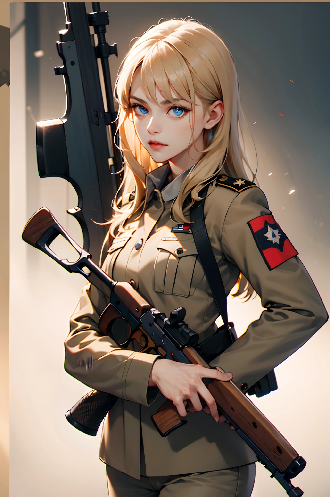 1girl, long beige hair, blue eyes, wearing German World War 2 Uniform, carrying a Kar98k, Berlin, high res, ultrasharp, 8k, looking at viewer