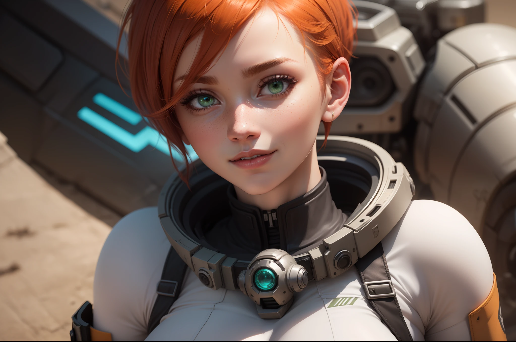 gwen tennyson,tracer,samus,rebecca chambers,overwatch,gundam,1girl,close up,mecha pilot,space port,mecha space suit,space marine,pirate corset, white long sleeve lycra top,white leggings,short hair,war makeup,green eyes,orange hair,purple highlights,shy smile,freckles,redhead,beautiful girl,large breasts,ultra detailed,realistic,fantasy art,