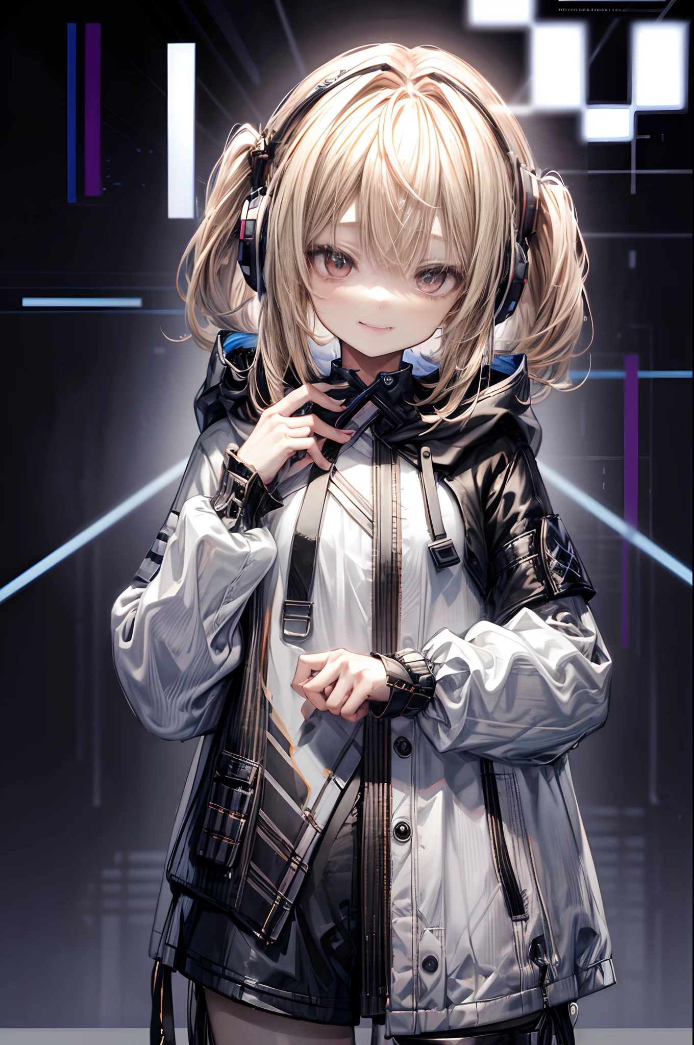 One girl, blonde hair, medium hair, long bangs, one braid on side, headphones, hair between eyes, fangs, smile, black oversized cardigan with hood, shorts, from front, (portfolio),  colorful background, (glitch art: 1.3), super high quality, super fine detail, super detailed background,