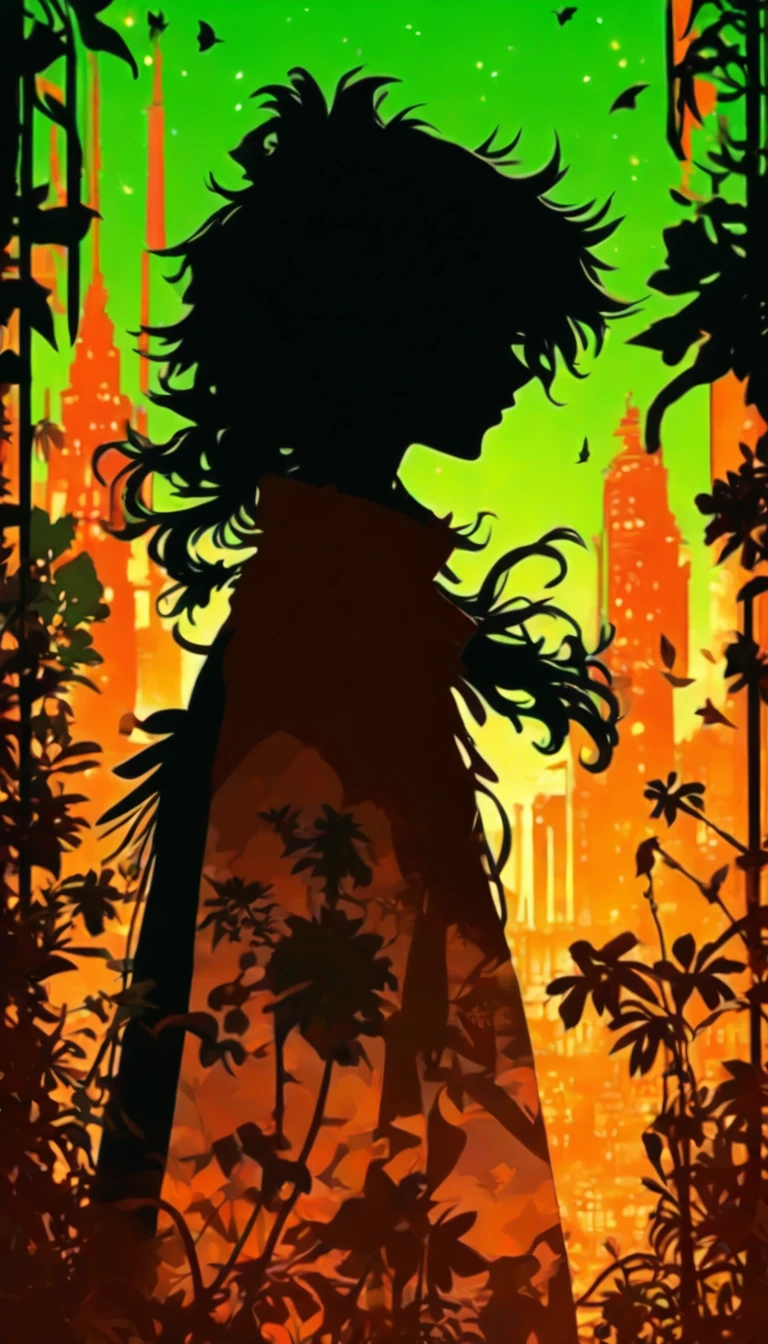 (Silhouette Art,cutouts:1.6)
(((Paper cutting art,A world where only black exists:1.3)

(Cowboy Shot),1 girl,Solo,
(机器人,profile:1.2),ruined and devastated city、covered with plants

break
(Green City)
Textured glass background,Tarot card atmosphere