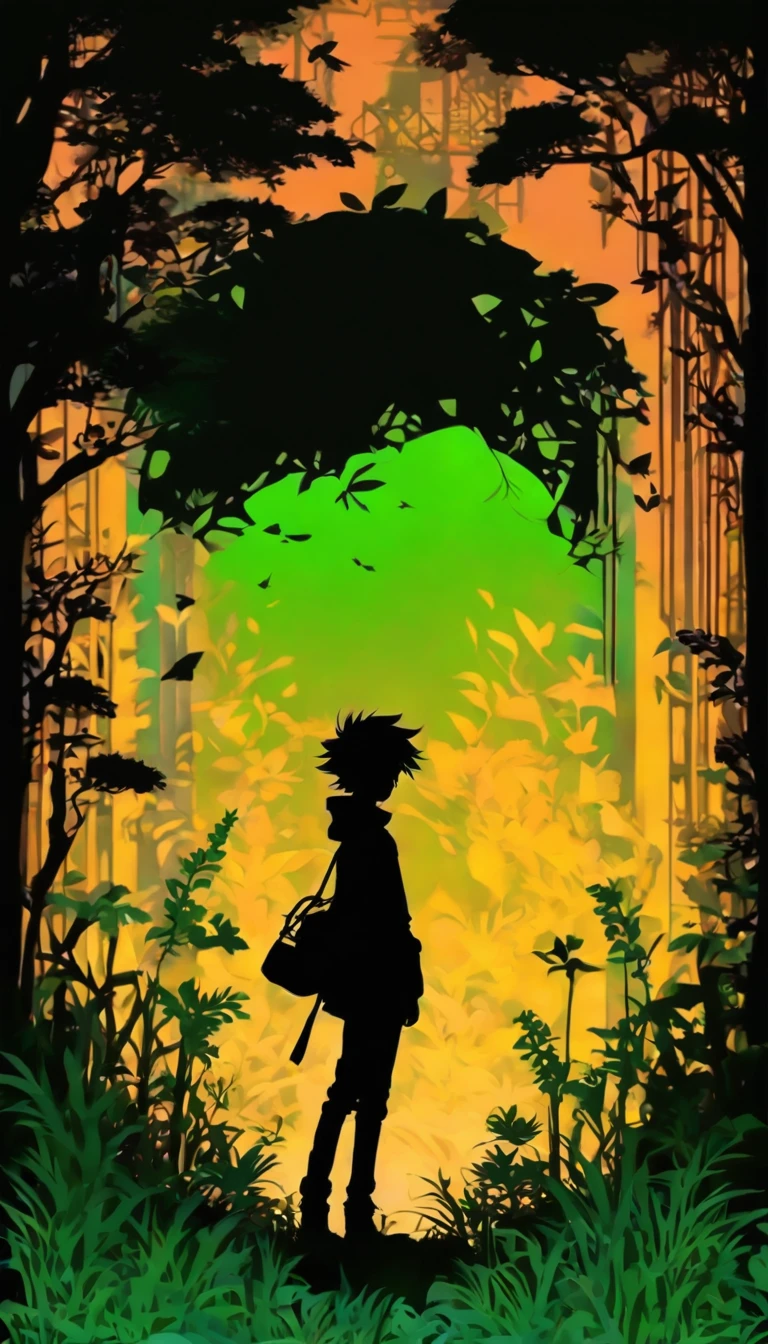 (Silhouette Art,cutouts:1.6)
(((Paper cutting art,A world where only black exists:1.3)
(Cowboy Shot),1 girl,Solo,
(机器人,profile:1.2),ruined and devastated city、covered with plants
break
(Green City)
Textured glass background,Tarot card atmosphere