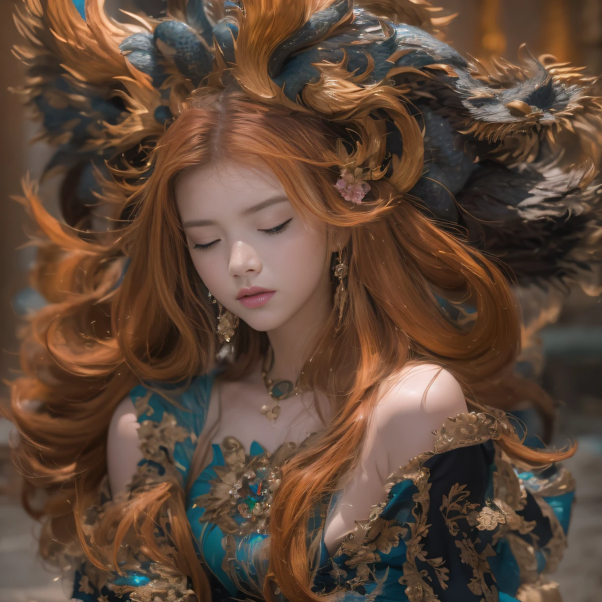 Full body 32K(tmasterpiece,k hd,hyper HD,32K) GBFthalatha, Black gloves, black thighhigns, Cape, Draff, brunette color hair, Horns, Large breasts, Long hair, Pointy ears, Miniskirt, Red skirt,, indoor, Cupcakes, cheerfulness, Closed eyes,(abstract ink splash:1.2)Flowing rouge,ponds,zydink, a color, Asian people (faeries), (Silk scarf), Combat posture, looking at the ground, Large rolls of rouge, Flowing rouge curls,Red onyx emerald emerald headdress, Chinese long-sleeved black gold garment, (abstract ink splash:1.2), Pink lotus background,Water lily flower protector(realisticlying:1.4),Rouge hair,The sky is in full swing,Void background pure, A high resolution, the detail, RAW photogr, Sharp Re, Nikon D850 Film Stock Photo by Jefferies Lee 4 Kodak Portra 400 Camera F1.6 shots, Rich colors, ultra-realistic vivid textures, Dramatic lighting, Unreal Engine Art Station Trend, cinestir 800,With his eyes closed,Flowing rouge