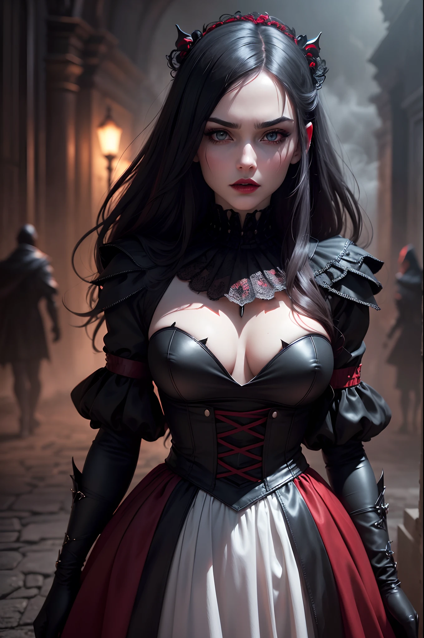 (Best quality,4K,8k,high resolucion,Masterpiece:1.2),Ultra-detailed,(Realstic,photoreallistic,photo-realistic:1.37),Vampire femme,peau grise,Red and black studded leather armor,Enfer,Realistic landscapes,Disturbing atmosphere,arbres morts,Disturbing clouds,ombres sombres,Evocative lighting,sinister aura,Meticulous details,Detailed facial features,beautiful detailed eyes,dark red lipstick,Sharp fangs,pale skinned,Feu et soufre,Demonic figures lurking in the background,smoke and mist swirling around,strange glow,Puissance restreinte,haunting expression,texture du cuir,ton graveleux et sombre,posture imposante,Contraste des couleurs rouge et noir,pose dramatique,Mystique,Gothic art style,contrasting light and dark shades,accents de couleur rouge sang,Disturbing atmosphere,Passion et danger dans les airs