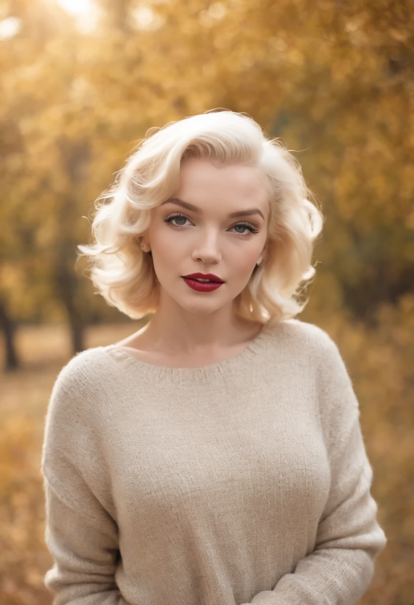 Marilyn Monroe wearing sweater, portrait, beautiful face, pretty eyes, outside, portrait, park, trees, teeth, eyes open, ward winning photo, best quality, upper body, JenniferConnelly, nikon d850 film stock photograph 4 kodak 400 camera f1.6 lens rich colors hyper realistic lifelike texture natural lighting trending on artstation cinestill 800, (100mm lens)