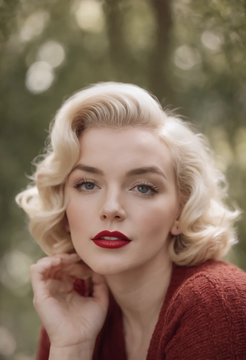 Marilyn Monroe wearing sweater, portrait, beautiful face, pretty eyes, outside, portrait, park, trees, teeth, eyes open, ward winning photo, best quality, upper body, JenniferConnelly, nikon d850 film stock photograph 4 kodak 400 camera f1.6 lens rich colors hyper realistic lifelike texture natural lighting trending on artstation cinestill 800, (100mm lens)