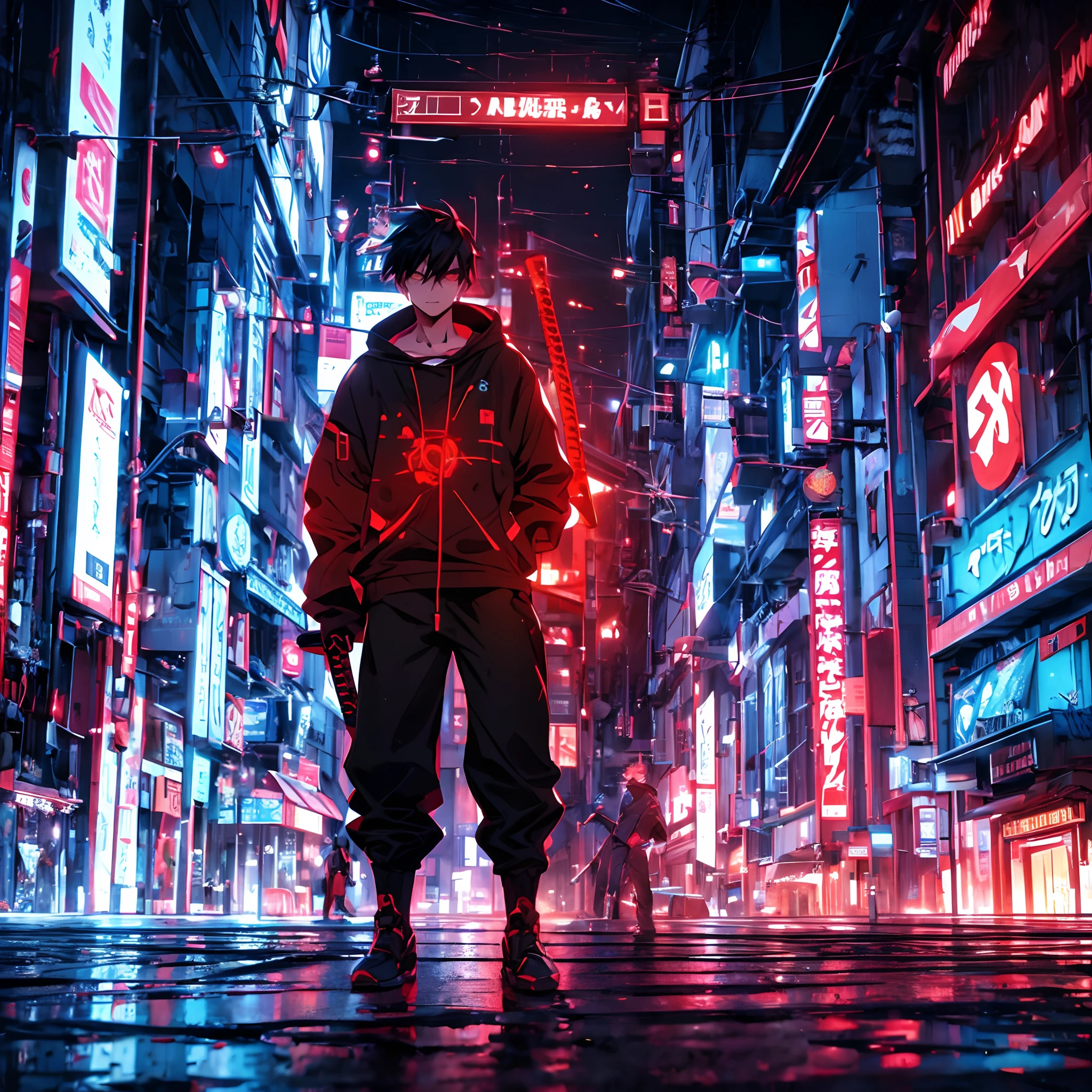 (anime 2D) 1 boy, solo, age 16, Cyberpunk sweatshirt and trousers, red glowing eyes, Black hair, angry face, holding cyber red glowing katana, standing on street, looking towards camera, backround is colorful cybernetic city