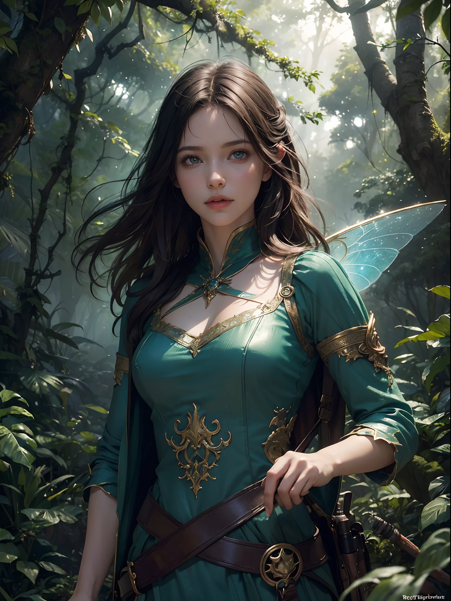 photorealistic, (fantasy:1.4), (by Greg Rutkowski: 1.2), (masterpiece), ((best quality)), extremely delicate and beautiful, illustration, dynamic lighting, dynamic pose upper body, (eyes, bright:1.3), ((beautiful pixie in thick forest floating between trees)), From Brian Froud and Carne Griffiths and Wadim Kashin and John William Waterhouse, 8K post-production, high resolution, ((highly detailed)), depth of field, HDR, intricate,