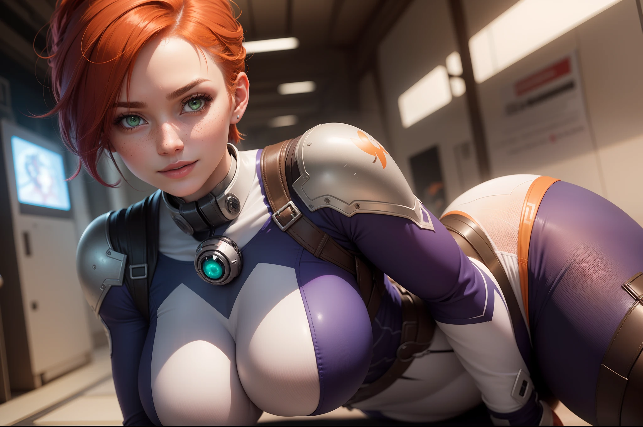 gwen tennyson,tracer,samus,rebecca chambers,overwatch,gundam,1girl,close up,mecha pilot,space port,mecha space suit,space marine,pirate corset, white long sleeve lycra top,white leggings,short hair,war makeup,green eyes,orange hair,purple highlights,shy smile,freckles,redhead,beautiful girl,large breasts,ultra detailed,realistic,fantasy art,