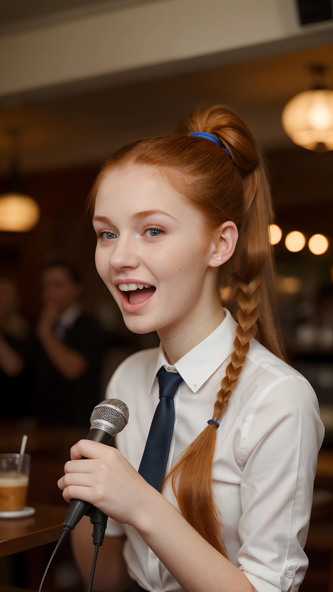 caucasian female, 20yo, ginger hair, older sister, tie her hair in a ponytail and shout to the microphone, high-quality photo, masterpiece, beautiful girl, cafe,