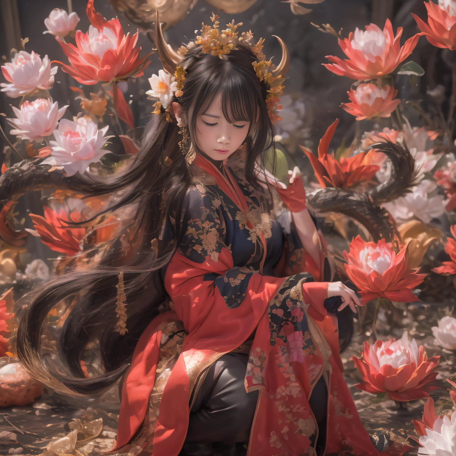 Full body 32K(tmasterpiece,k hd,hyper HD,32K) GBFthalatha, Black gloves, black thighhigns, Cape, Draff, brunette color hair, Horns, Large breasts, Long hair, Pointy ears, Miniskirt, Red skirt,, indoor, Cupcakes, cheerfulness, Closed eyes,(abstract ink splash:1.2)Flowing rouge,ponds,zydink, a color, Asian people (faeries), (Silk scarf), Combat posture, looking at the ground, Large rolls of rouge, Flowing rouge curls,Red onyx emerald emerald headdress, Chinese long-sleeved black gold garment, (abstract ink splash:1.2), Pink lotus background,Water lily flower protector(realisticlying:1.4),Rouge hair,The sky is in full swing,Void background pure, A high resolution, the detail, RAW photogr, Sharp Re, Nikon D850 Film Stock Photo by Jefferies Lee 4 Kodak Portra 400 Camera F1.6 shots, Rich colors, ultra-realistic vivid textures, Dramatic lighting, Unreal Engine Art Station Trend, cinestir 800,With his eyes closed,Flowing rouge