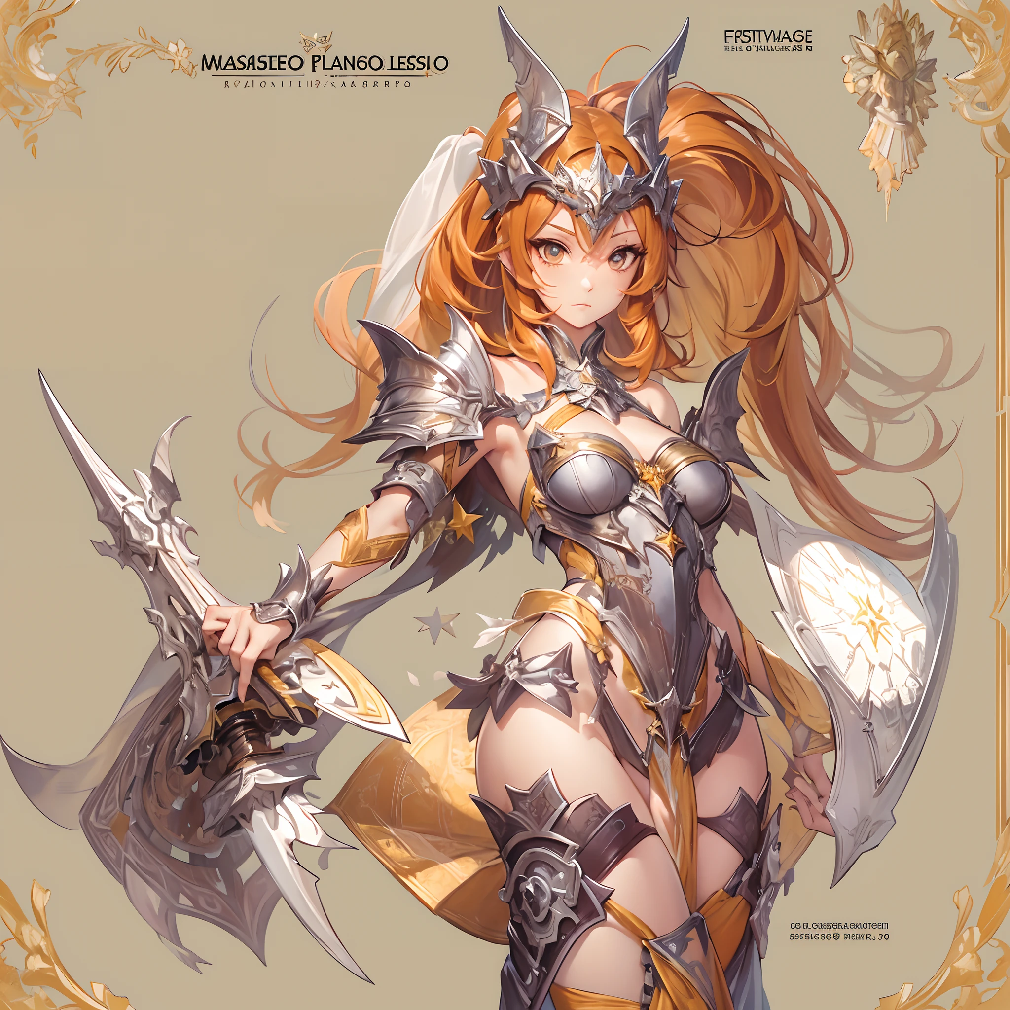 ((Masterpiece, Highest quality)), Detailed face, CharacterDesignSheet, full bodyesbian, Full of details, Multiple poses and expressions, Highly detailed, Depth, Many parts,Beautiful paladin,Holding a shield,double-ponytail,estilo fantasia,Orange caramel,Extremely beautiful,High Balance, Natural light, Lace,lacepantyhose,Sunny décor,Star decoration