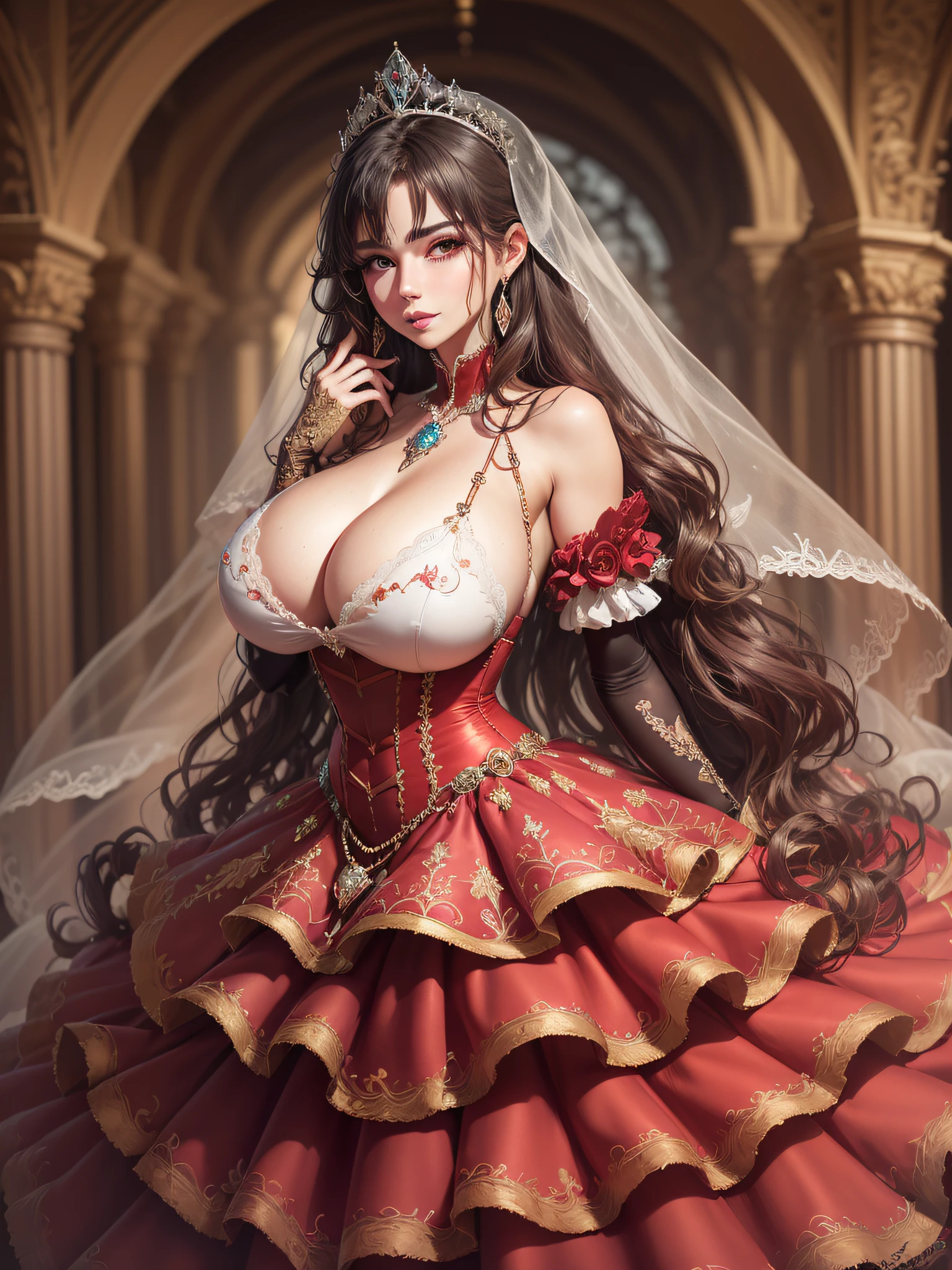 ((anime artstyle)),(Masterpiece),(Best Quality), (Super Detail),((Very Delicate and Beautiful)),cinematic lighting,1 girl,((full body portrait)),((standing in garden)),((solo)),(((1 fairytale princess in gorgeous embroidery and jeweled extremely gorgeous princess ballgown with voluminous full length hoop skirt))),an hourglass waist,padded and corseted bodice,(((huge crinoline hoopskirt))),long train,((gorgeous embroidery and jeweled)),voluminous frills,See-through,(gorgeous embroidery and beautiful lace),(((extremely gigantic tits,skindentation))),cleavage,((large amount of straight hair,extremely voluminous Straight long Hair,Very Long Straight Hair)),(finely detailed face and eyes),clear pupil,extremely gorgeousfull hair ornament,(bling-bling jeweled extremely gorgeousfull tiara),(bling-bling gorgeous gemstone jewelry),gorgeous long veil,((opera gloves)),(beautiful background),(full body),((gorgeous embroidery and jeweled extremely gorgeous princess ballgown with voluminous full length hoop skirt))