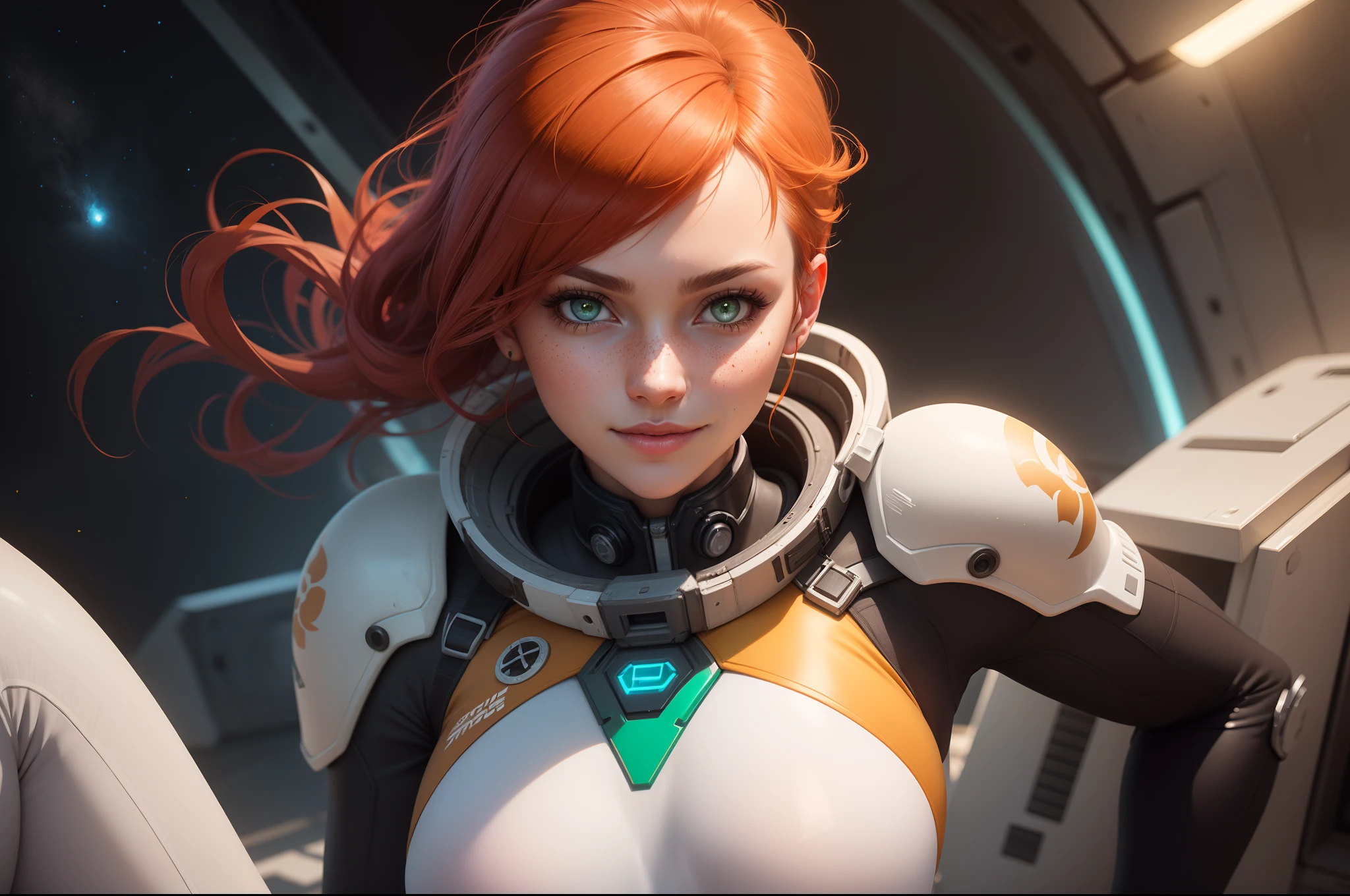 gwen tennyson,tracer,samus,rebecca chambers,overwatch,gundam,1girl,close up,mecha pilot,space port,mecha space suit,space marine,pirate corset, white long sleeve lycra top,white leggings,short hair,war makeup,green eyes,orange hair,purple highlights,shy smile,freckles,redhead,beautiful girl,large breasts,ultra detailed,realistic,fantasy art,