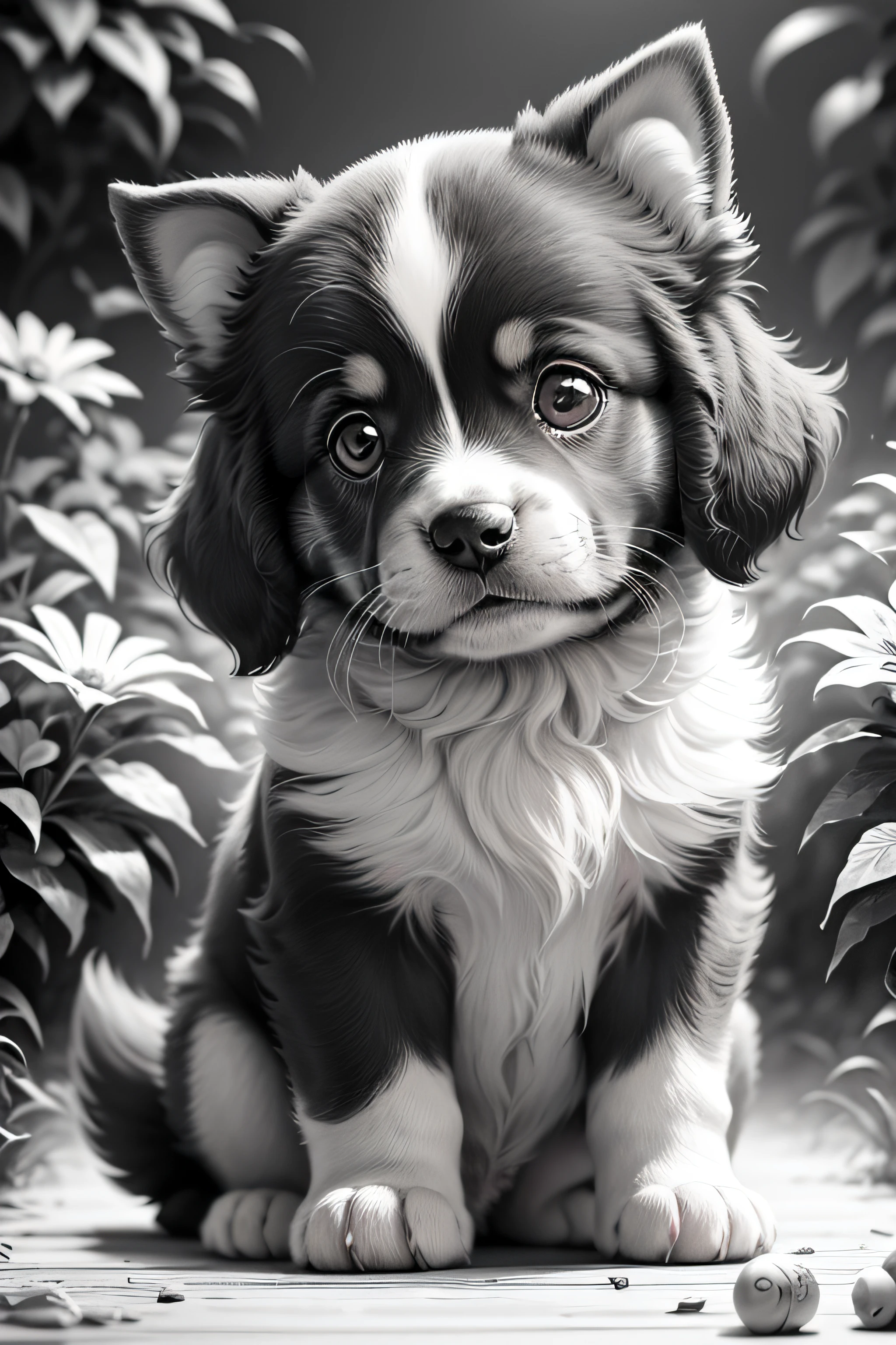 (best quality,ultra-detailed)(black and white,line drawing only) A cute puppy dog with adorable, expressive eyes, fluffy fur, and floppy ears. It has a playful expression and a wagging tail. The puppy is sitting in a garden filled with flowers and butterflies.The puppy is surrounded by colorful toys, such as balls and squeaky toys. The drawing should capture the puppy's innocence and charm, with intricate details in its fur and features. The lines should be smooth and clean, creating a visually appealing black and white composition. The final artwork should be high-resolution and suitable for printing as a coloring page.