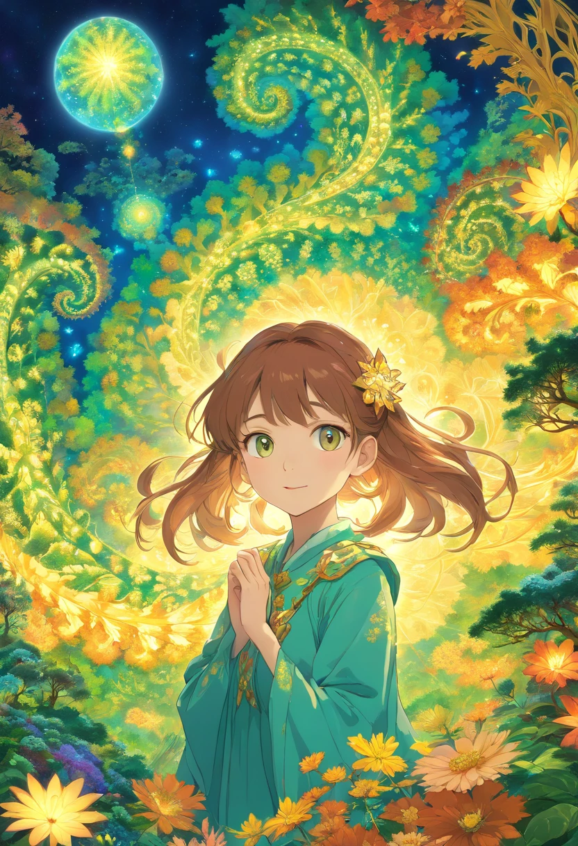 (Obra maestra, Calidad superior, La mejor calidad, Arte Oficial, beautiful and aesthetic:1.2), (1girl:1.3), (Arte fractal:1.3), tarjeta, tarot, cabello verde, trenzas gemelas, flor del cabello, (good lighting:1.1), ((Altas Resoluciones)), Estilo de cartas del tarot