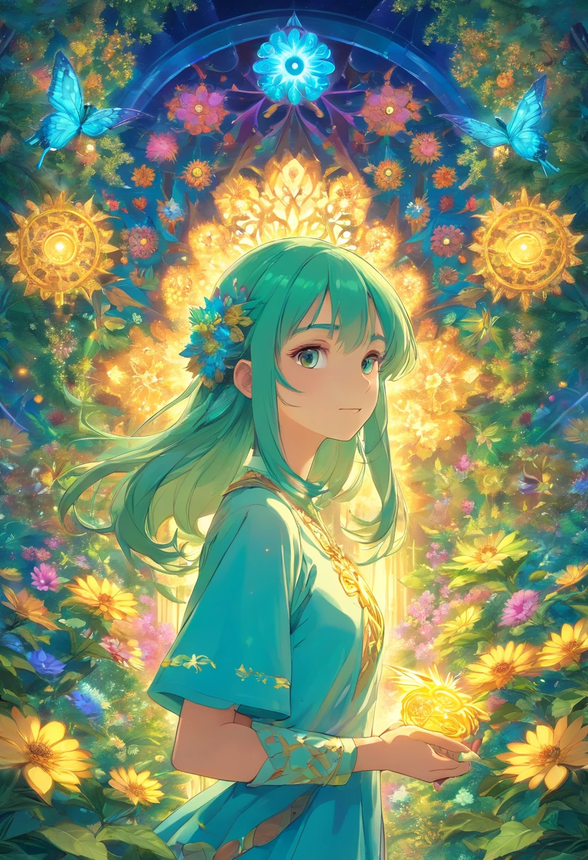 (Obra maestra, Calidad superior, La mejor calidad, Arte Oficial, beautiful and aesthetic:1.2), (1girl:1.3), (Arte fractal:1.3), tarjeta, tarot, cabello verde, trenzas gemelas, flor del cabello, (good lighting:1.1), ((Altas Resoluciones)), Estilo de cartas del tarot