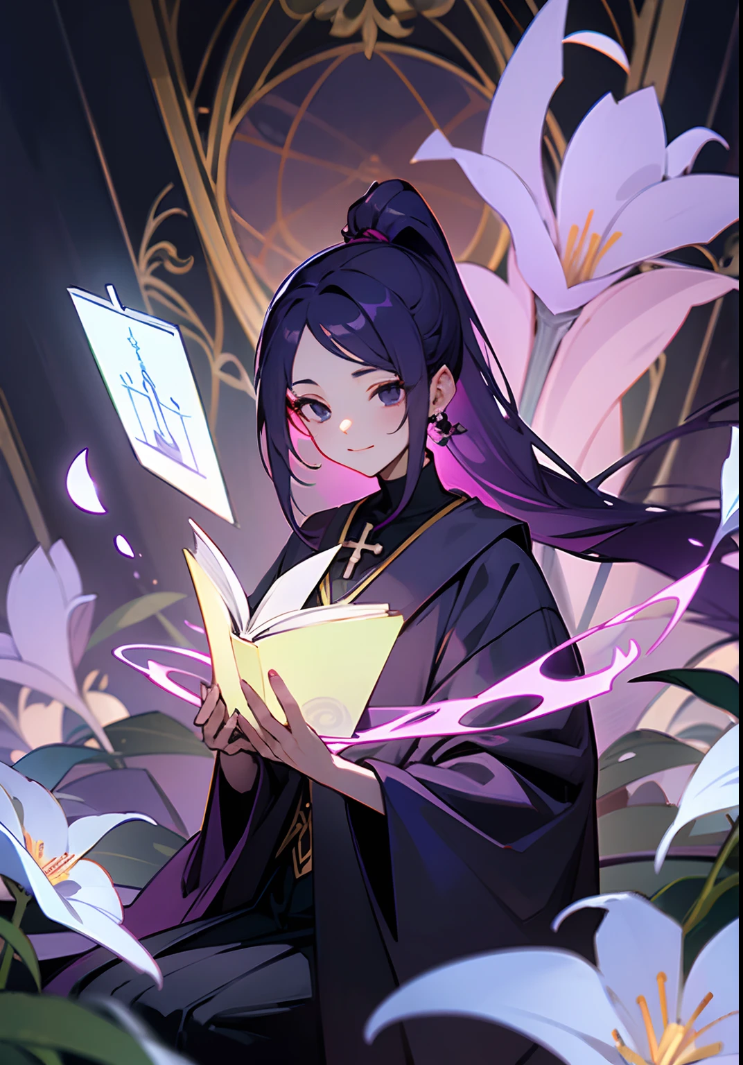 Sit cross-legged，Ruby on the forehead，lavender，Floating books，magia，Mage robes，Black eyes，Office-like environment，Vase with lavender，mistic，Eye-shaped gemstone on the neck，High ponytail，Adult daughter，Mysterious smile，Huge flowers in full bloom，A room for winding plants，vines on the walls，many flower，a sense of mystery，Sit on the vine，Flower-like creatures，Plants with life，