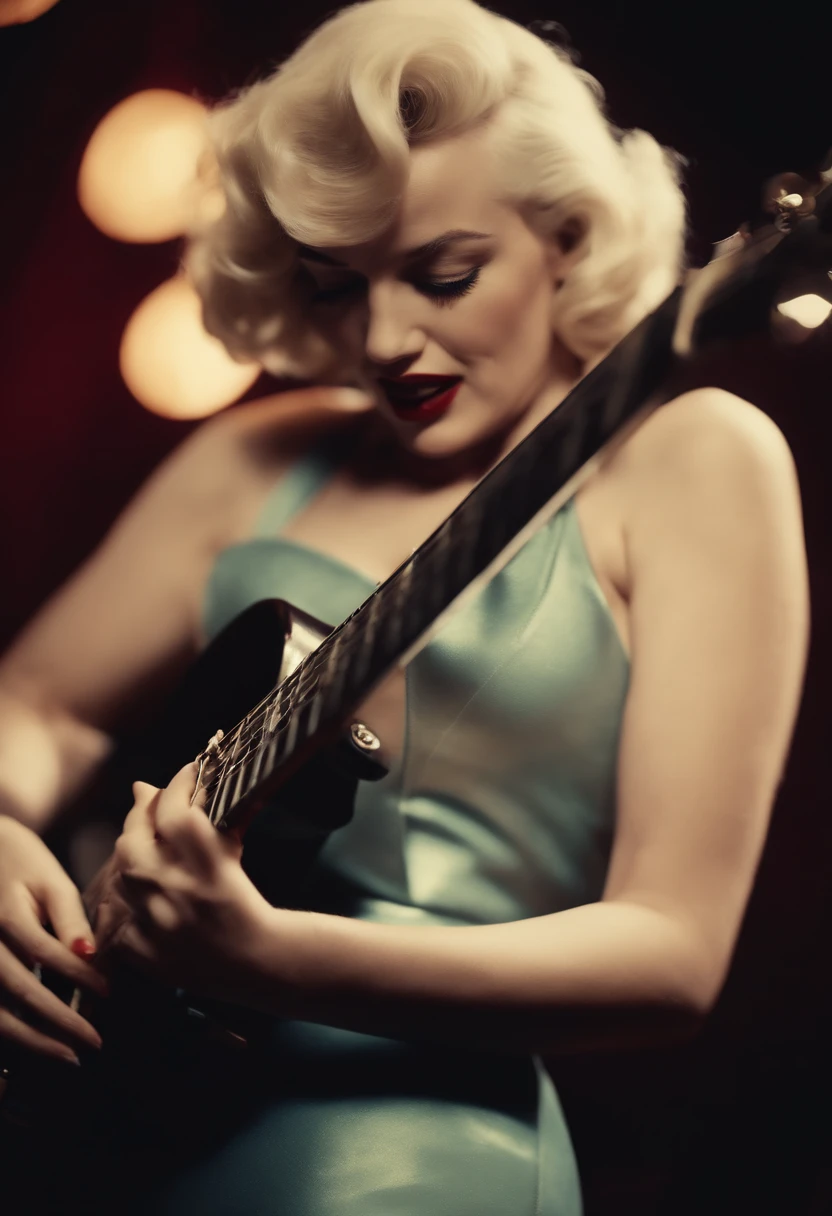 Marilyn Monroe plays electric guitar, color, intricate, perfect face , highly detailed, cinematic