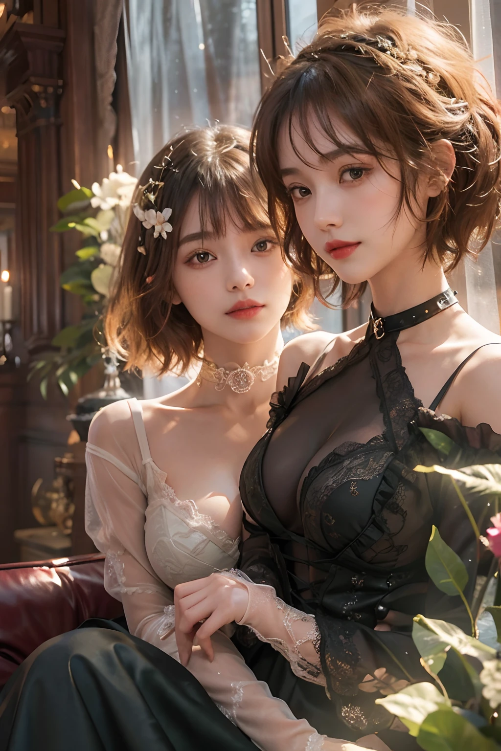 (a closeup)、two womens、(looking at view)、Two people sitting next to each other on a large sofa、(Red-haired)、((short-hair))、(Pattsun bangs)、(A wistful look)、(The best smile)、(Photoreal Stick:1.2)、in 8K、high-level image quality、(High quality shadows)、Detail Beautiful delicate face、Detail Beautiful delicate eyes、pureerosface_v1、gloweyes、(Red lipstick close to orange)、perfectbody、Perfect Style、(Brown eyes)、 (strong lights)、(a choker)、Shiny hair、Description beautiful delicate hair、(Lustrous skin)、(Black long sleeve see-through dress)、(corsets)、(long skirt)、 (early evening)、inside in room、huge window、Many vases and lots of flowers、电影灯光、Sunlight shining through the window、