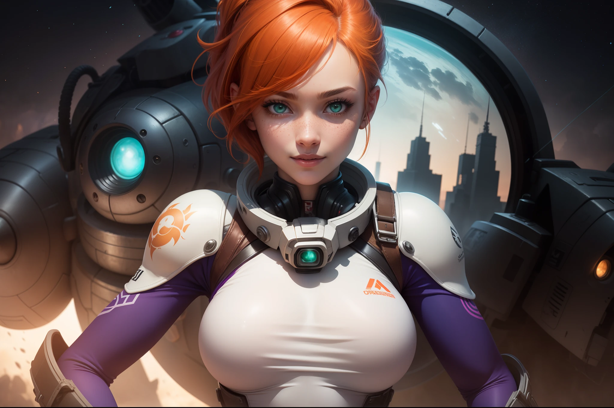 gwen tennyson,tracer,samus,rebecca chambers,overwatch,gundam,1girl,close up,mecha pilot,space port,mecha space suit,space marine,pirate corset, white long sleeve lycra top,white leggings,short hair,war makeup,green eyes,orange hair,purple highlights,shy smile,freckles,redhead,beautiful girl,large breasts,ultra detailed,realistic,fantasy art,