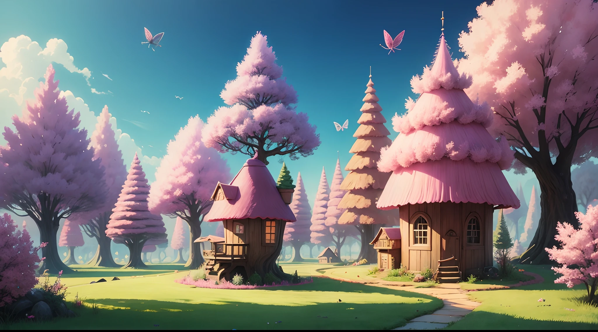 Cartoon fairy magical colony , pink tree , grass , magical houses , beautiful inverment, magical things flying in sky