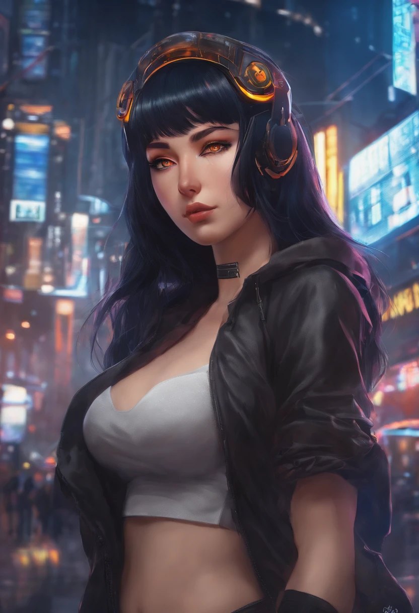 anime girl with light curly black hair and a slightly pregnant face wearing a black tube top and a shirt over it