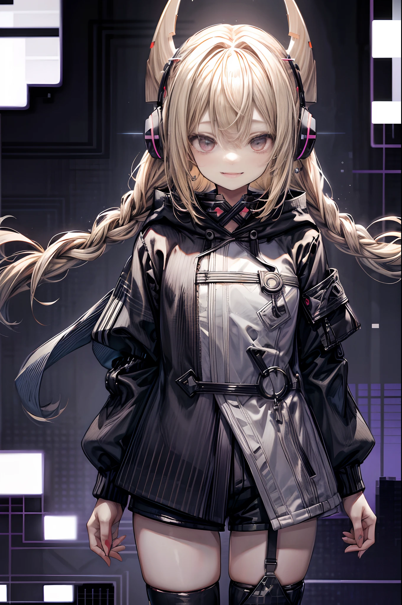 One girl, blonde hair, medium hair, long bangs, one braid on side, headphones, hair between eyes, fangs, smile, black oversized cardigan with hood, shorts, from front, (portfolio),  colorful background, (glitch art: 1.3), super high quality, super fine detail, super detailed background,