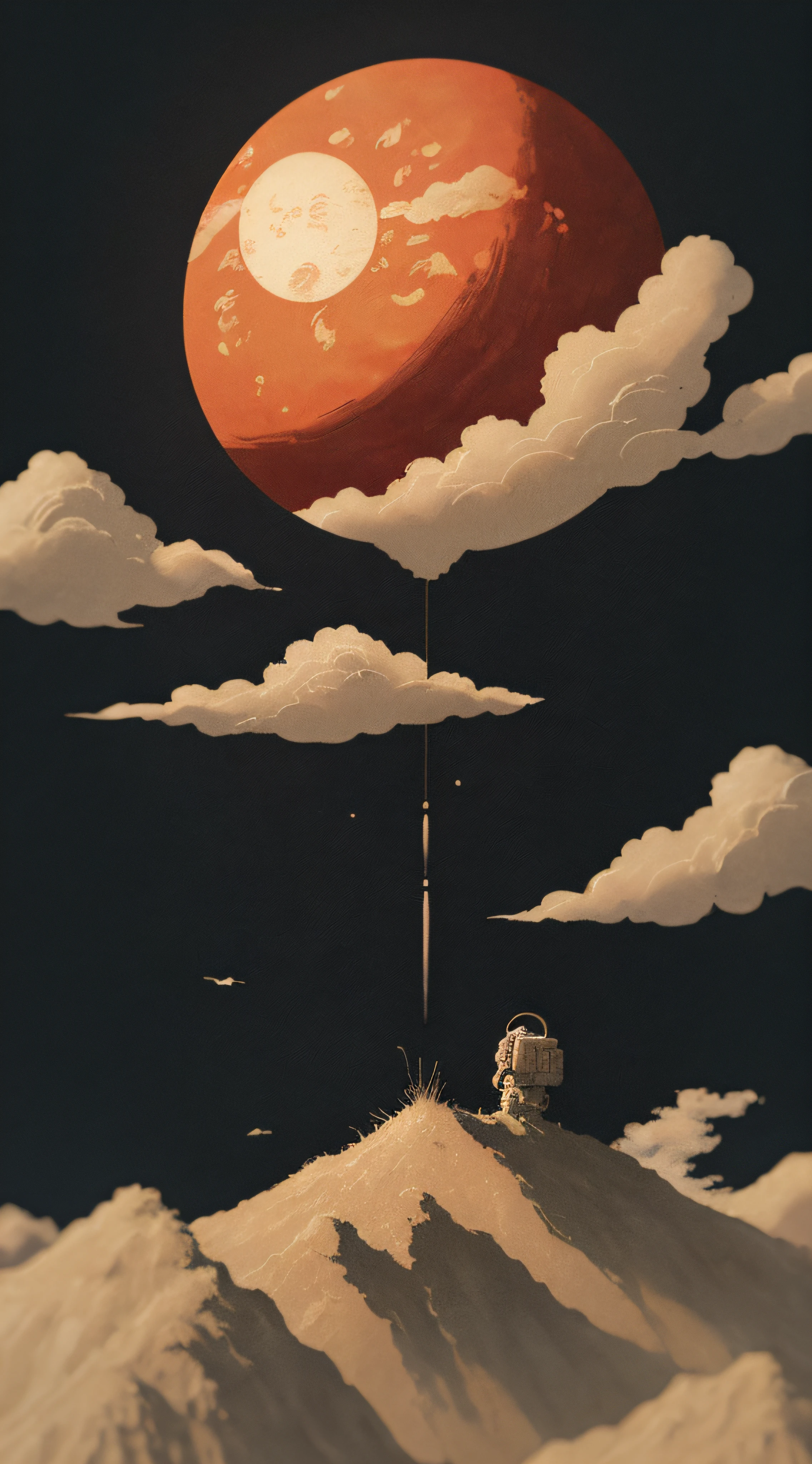 A detailed illustration muted chinese ink painting, muted colors, rice paper texture, splash paint, halo astronaut, one Big red sun. Venus. Space. Clouds wet to wet techniques. cvibrant vector. using Cinema 4D, 8k, 16k