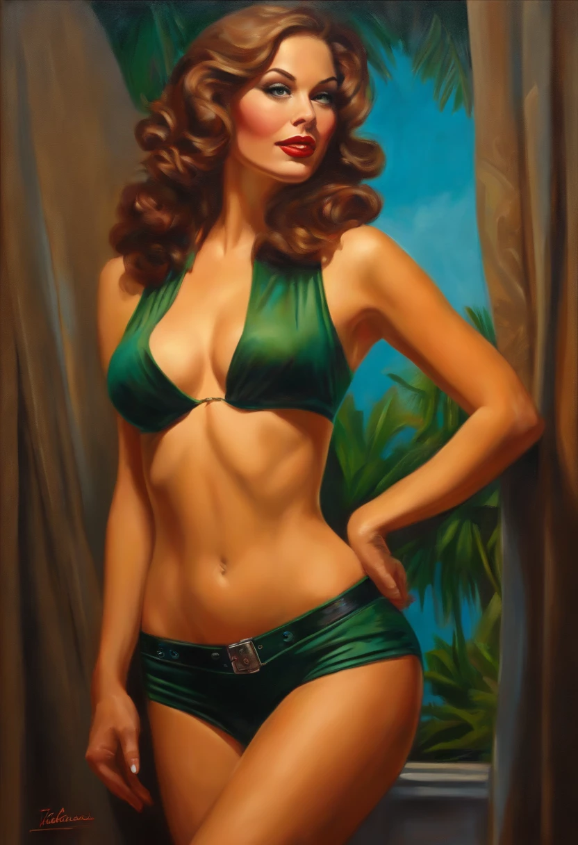human, small bikini, pin up pose, perfect tits, ((((small waist)))), huge legs, art by Tim Jacobus, oil painting