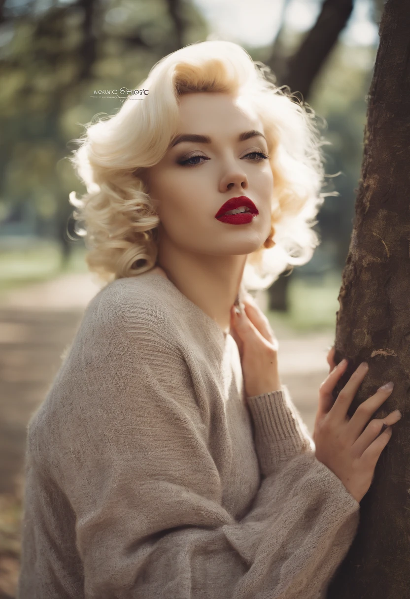 Marilyn Monroe wearing sweater, portrait, beautiful face, pretty eyes, outside, portrait, park, trees, teeth, eyes open, ward winning photo, best quality, upper body, JenniferConnelly, nikon d850 film stock photograph 4 kodak 400 camera f1.6 lens rich colors hyper realistic lifelike texture natural lighting trending on artstation cinestill 800, (100mm lens)