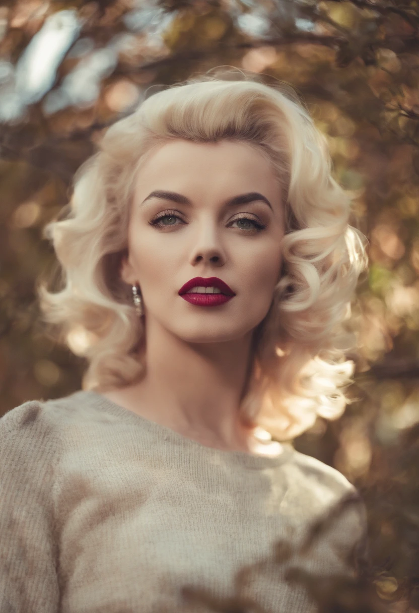 Marilyn Monroe wearing sweater, portrait, beautiful face, pretty eyes, outside, portrait, park, trees, teeth, eyes open, ward winning photo, best quality, upper body, JenniferConnelly, nikon d850 film stock photograph 4 kodak 400 camera f1.6 lens rich colors hyper realistic lifelike texture natural lighting trending on artstation cinestill 800, (100mm lens)