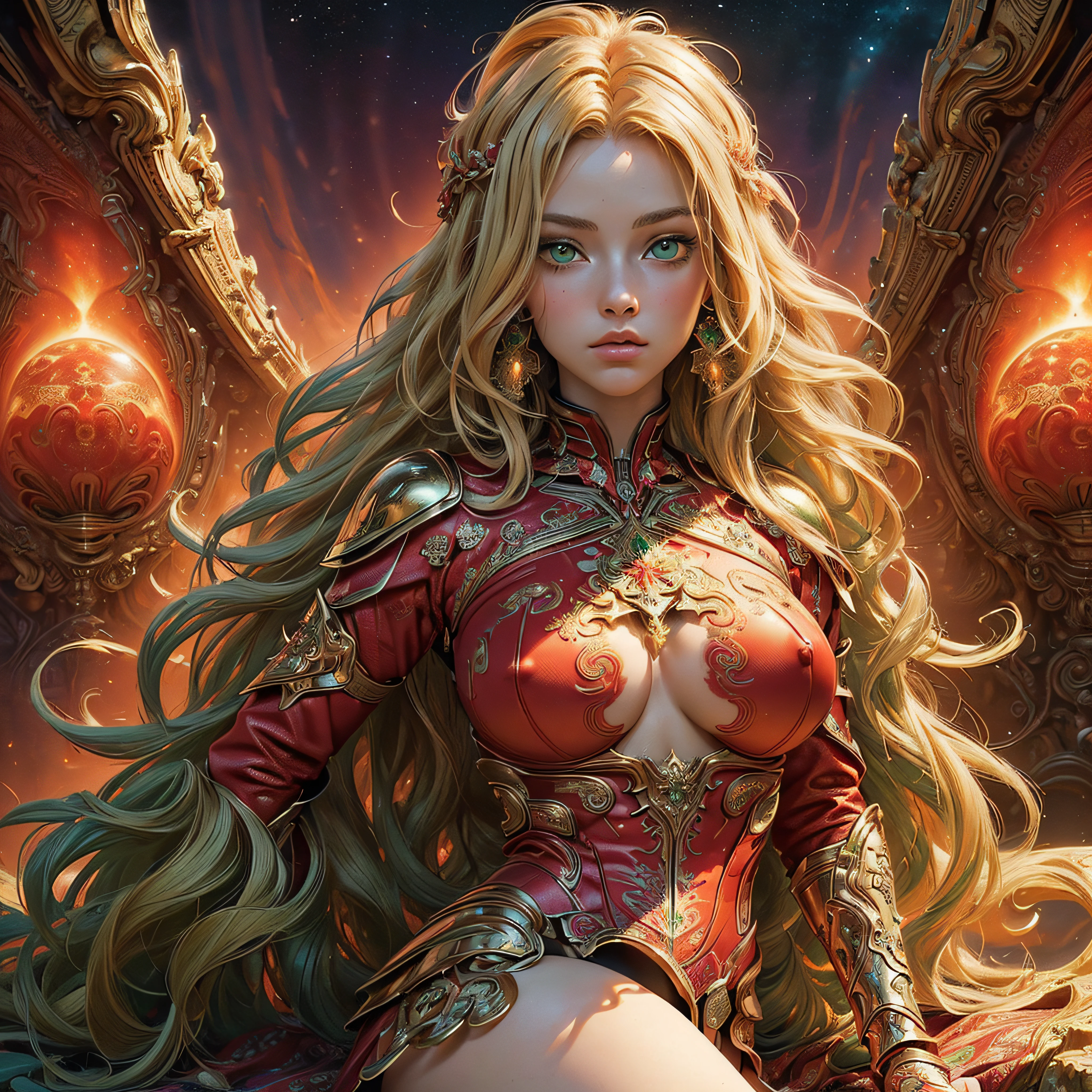 ((masterpiece, 8k, ultra quality, full shot body, official art, beautiful and aesthetic:1.2, red theme), (1girl), (entire figure), (big breasts), golden armor, intricated detailed, NSFW, (fractal art:1.3), cosmic elements, colorful, highest detailed, (green eyes, long wavy hair, blonde hair)