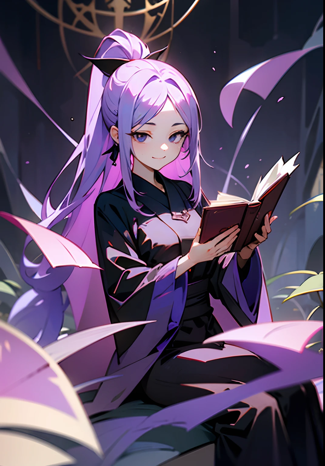 Sit cross-legged,Ruby on the forehead,lavender,Floating books,magia,Mage robes,Black eyes,Office-like environment,Vase with lavender,mistic,Eye-shaped gemstone on the neck,High ponytail,Adult female figure,Mysterious smile,Huge flowers in full bloom,A room for winding plants,vines on the walls,many flower,A sense of mystery,Sit on the vine,Flower-like creatures,Live plants,Gorgeous robes,BOSS
