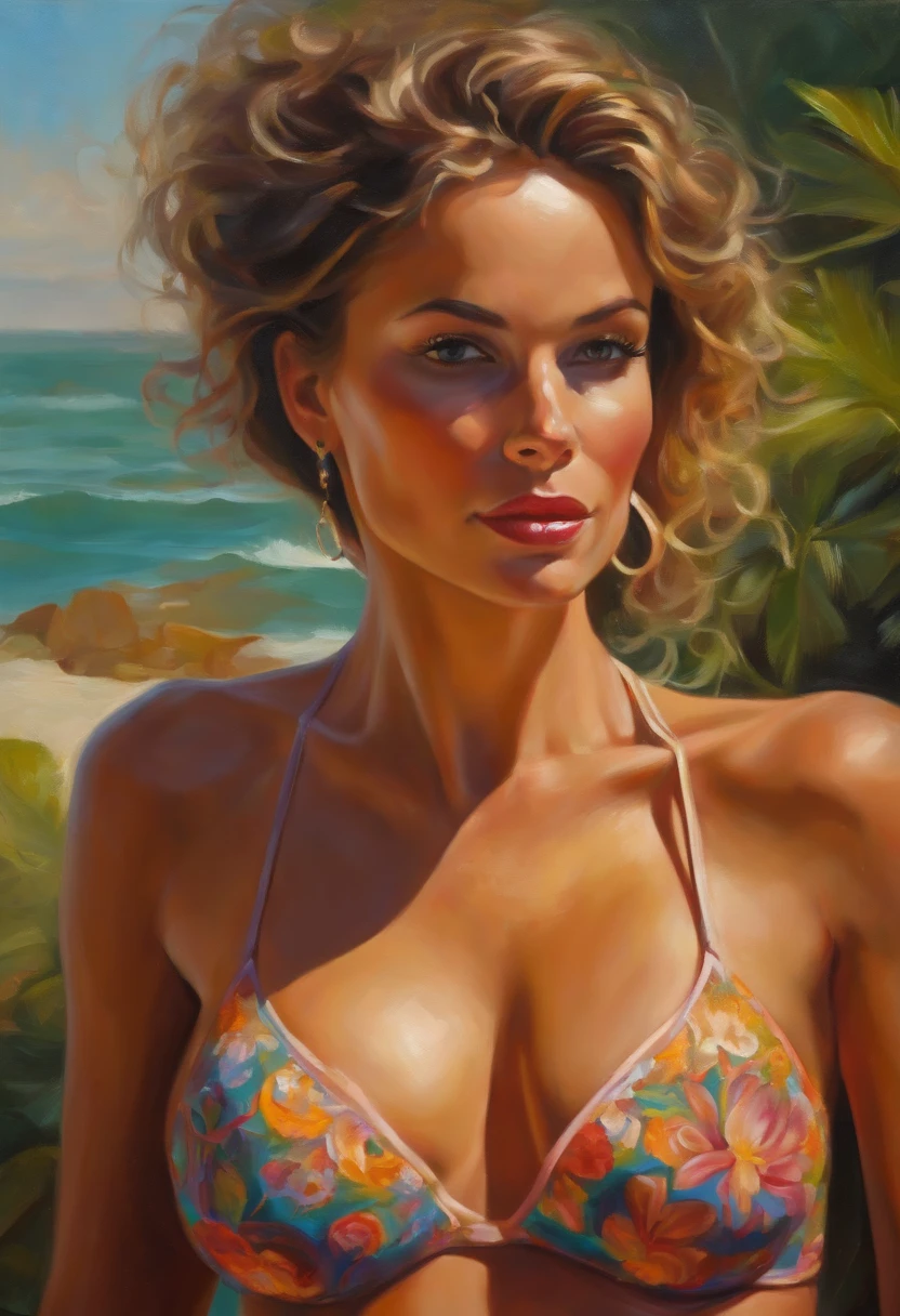 human, small bikini, perfect tits, ((((small waist)))), abs, huge legs, art by Tim Jacobus, oil painting
