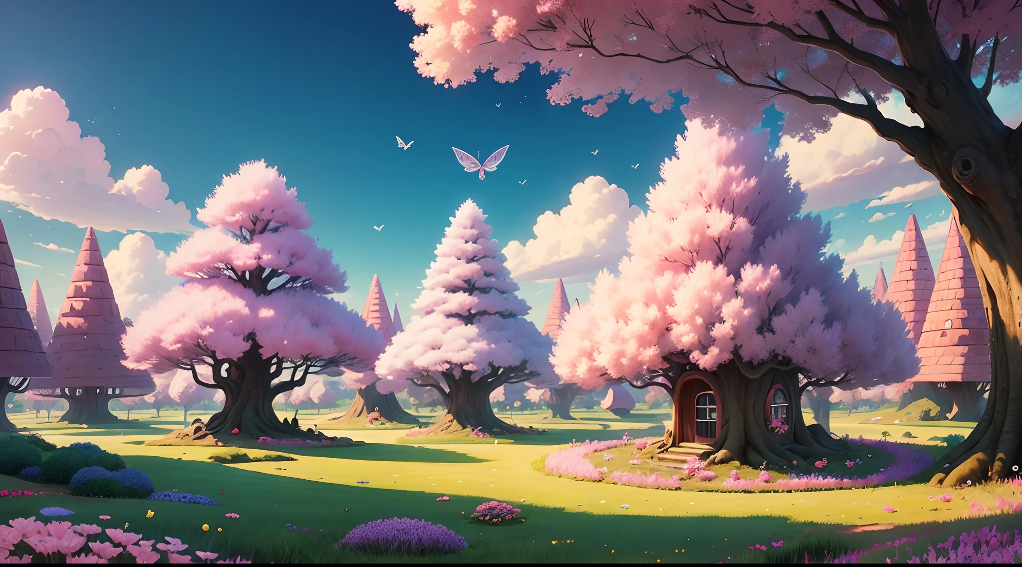 Cartoon fairy magical colony , pink tree , grass , magical houses , beautiful inverment, magical things flying in sky