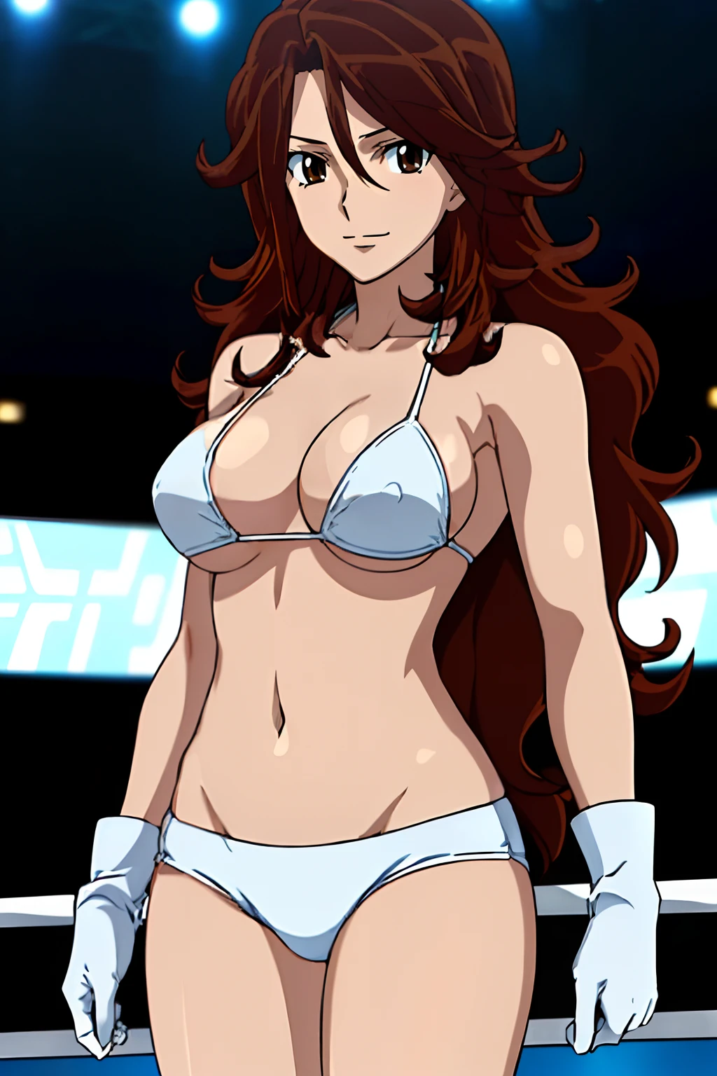 cowboy shot, upper body view, anime style: 1.8, anime drawing, ultra detailed face, ultra detailed body, 4k, Sumergai Lee Noriega, (standing), best quality, anime style, hires, highest definition, digital blending, bold drawing lines, ((slender body, female wrestler), (location: wrestling arena, crowds watching), (weak body, slender body, broad shoulders, slim arms, little biceps, thighs), ((white micro bikini, shorts, groin, white boots, white gloves, collar)), victorious, winner, smile, , (big breasts), (big eyes, brown eyes), (warming up), (brown hair, loose hair, curly hair, wavy hair, long hair, missy hair), 27 years old, tilting body