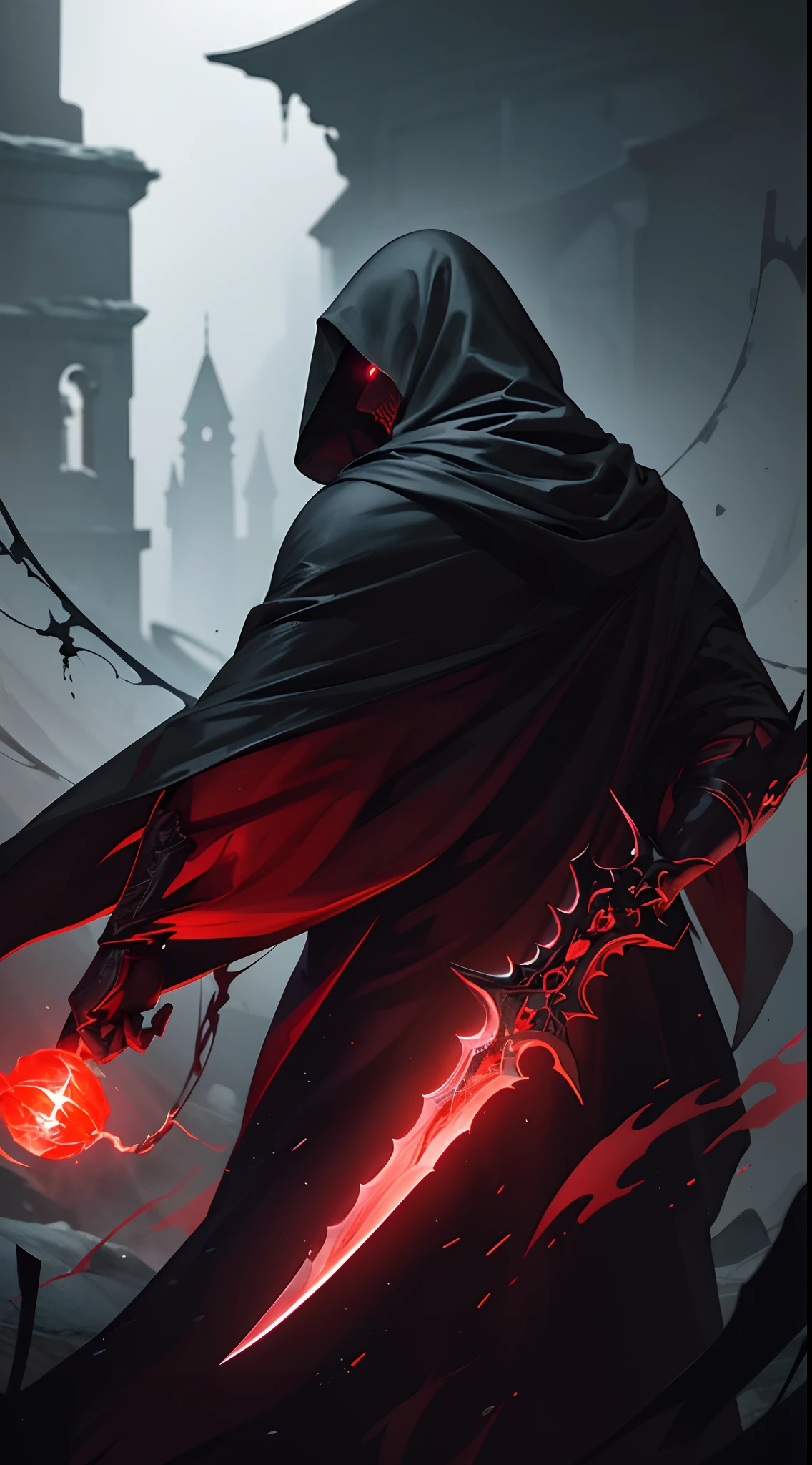 official art, unity 8k wallpaper, ultra detailed, beautiful and aesthetic, beautiful, masterpiece, best quality, Dark, atmospheric, mystery, romanticism, macabre, literature, art, fashion, Victorian, ornamental, intricate, ironwork, lace, brooding, emotional depth, supernatural, (ultra Detailed scene) , (masterpiece) , man standing on cliff , long black hooded robe , have scary mask , no face , a great and big sword on left hand ,darkness magic sword glowing red , blazing left hand , right hand has darkness magic orb , and darkness magic twirling him , , mist , ultra high detailed scene , a big rock at the back ground , rock has red glowing ruin , darkness magic controlling , one hand on fire the other on darkness magic  , heavy mist , dark horror scene , heavy black mist spinning him , blazing hand heavy pitch black smoke arising from him , hundred dark red glowing orb around him , view from back , dark mist around him , blazing sword , horror landscape , red moon , lightning from sky behind the scary tower