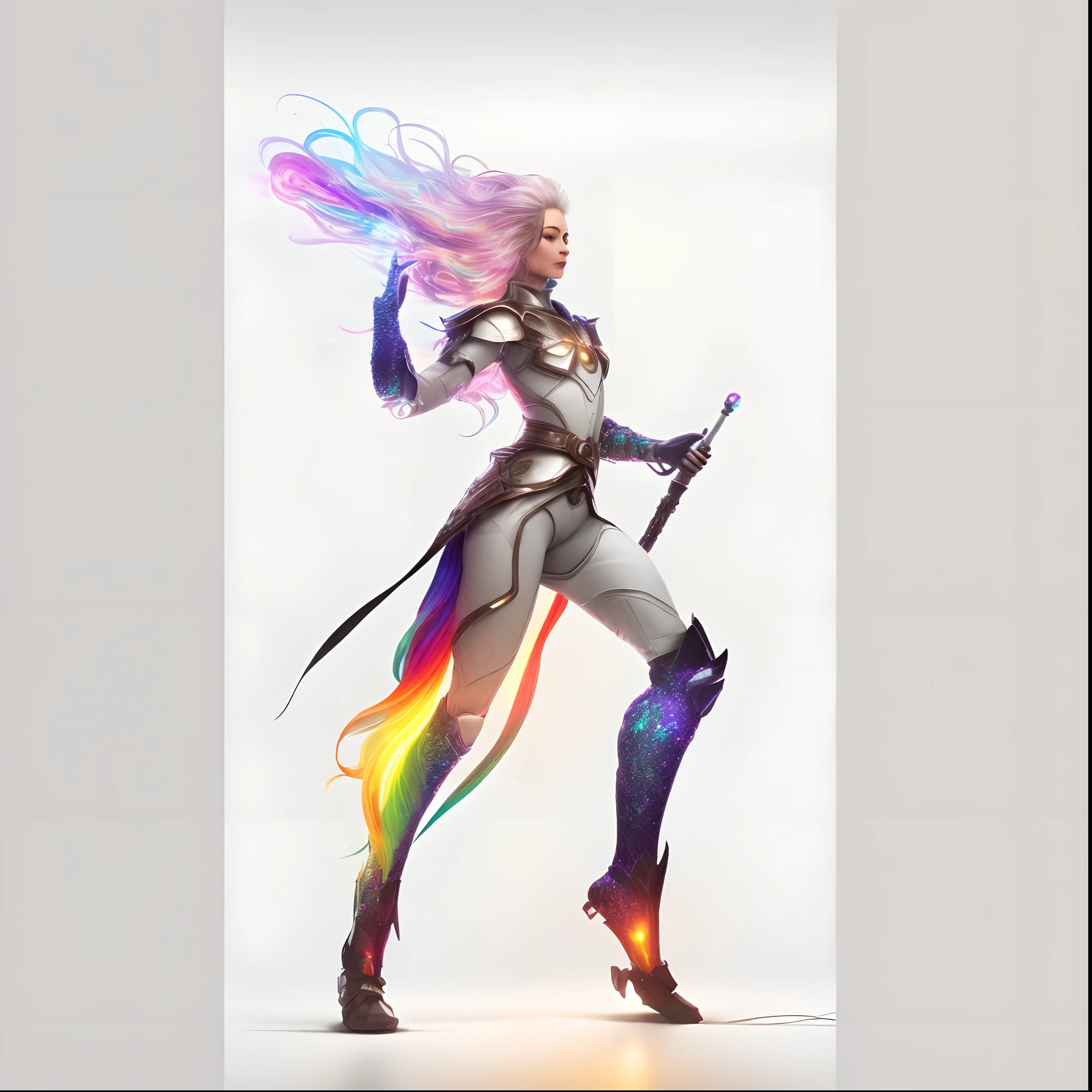 Full body character,Hand-draw style,illustration,concept art,active pose,white background,android,
Full Body portrait,ARTIFICIAL EMPATHY,holding glowing rainbow staff,active cool pose,
Android-like Russian beauty face, rainbow hair is mixed with LED rainbow lights,
rainbow glitter black opal full body sparkling armor, dramatic lighting,insanely detailed,
wind-effect,smooth,8k,GoPro,masterpiece,